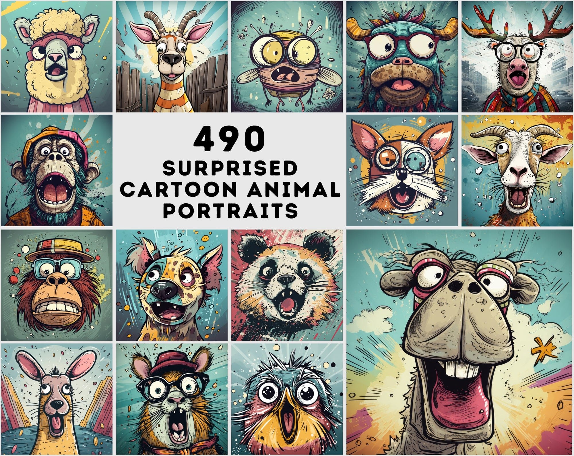 Whimsical Expressions: 490 Vibrant Surprised Cartoon Animal Portraits Digital Download Sumobundle