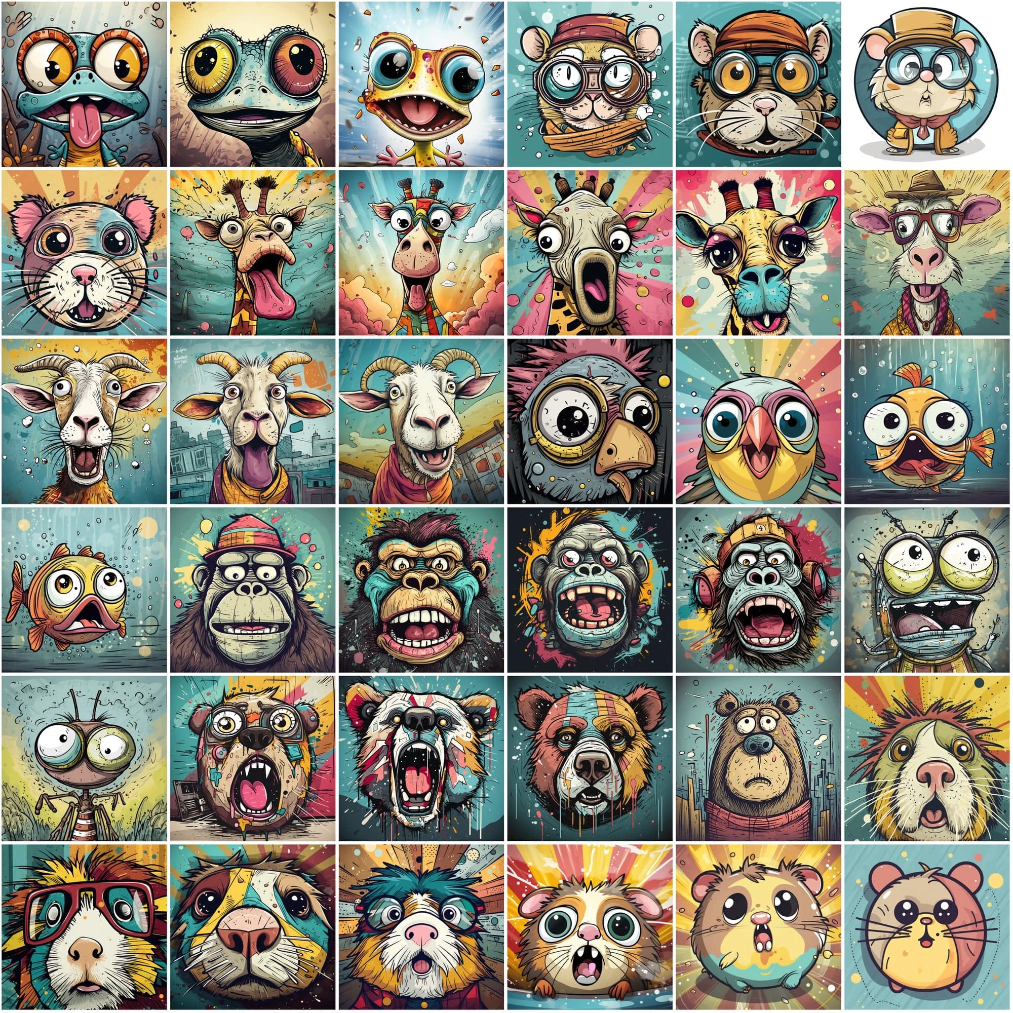 Whimsical Expressions: 490 Vibrant Surprised Cartoon Animal Portraits Digital Download Sumobundle