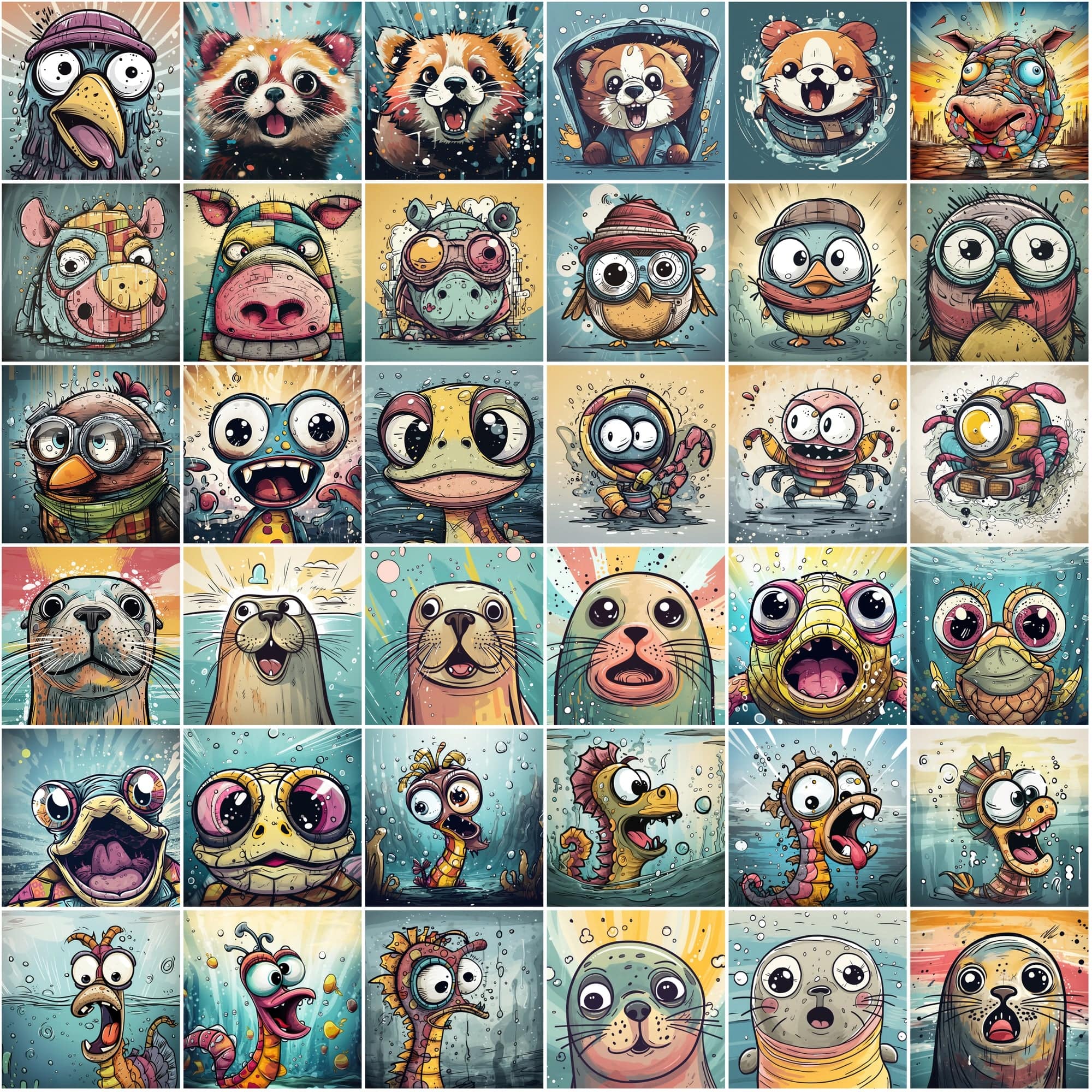 Whimsical Expressions: 490 Vibrant Surprised Cartoon Animal Portraits Digital Download Sumobundle