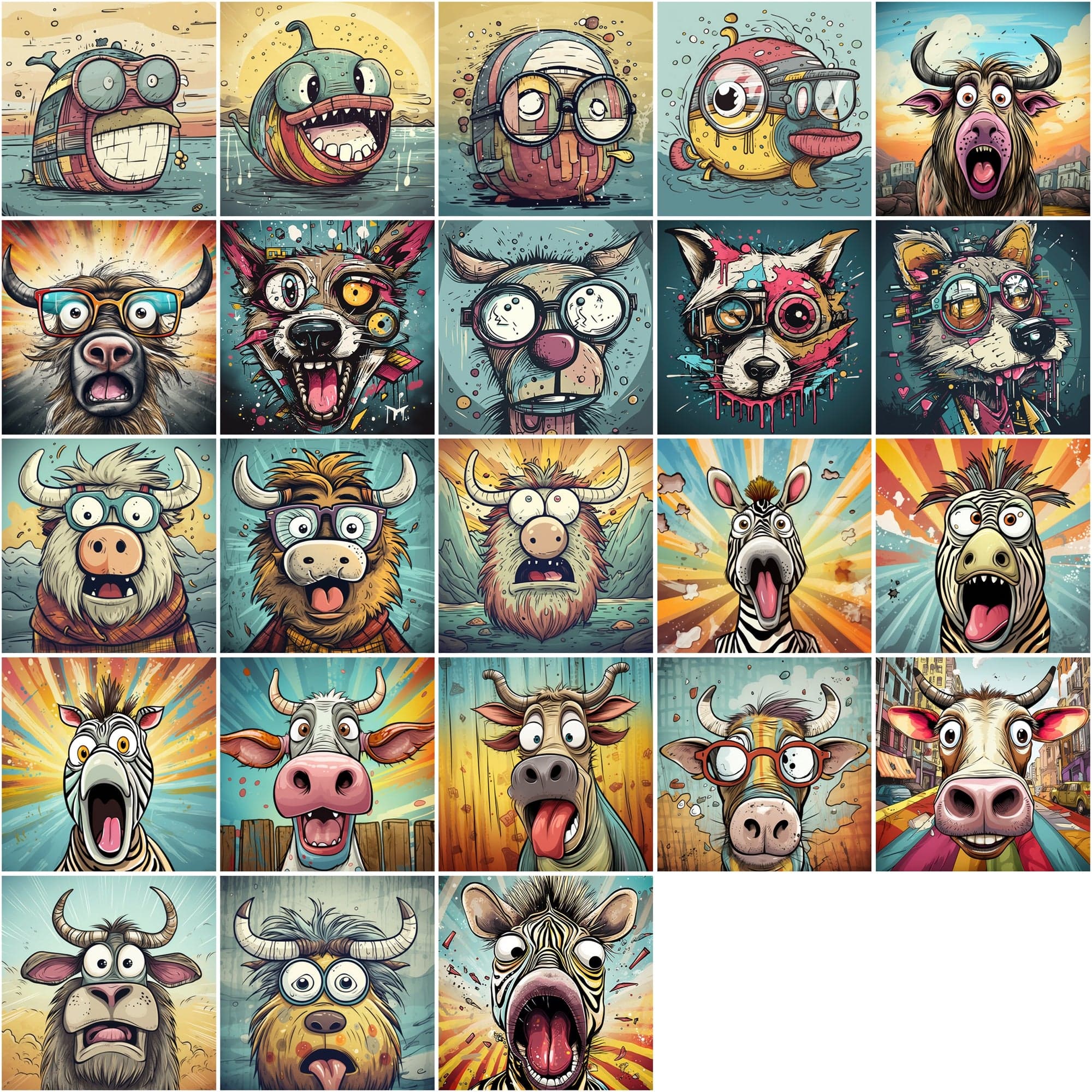 Whimsical Expressions: 490 Vibrant Surprised Cartoon Animal Portraits Digital Download Sumobundle