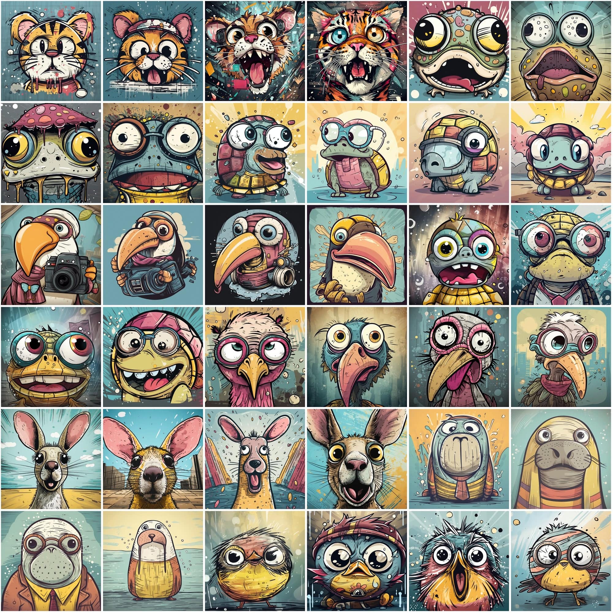 Whimsical Expressions: 490 Vibrant Surprised Cartoon Animal Portraits Digital Download Sumobundle