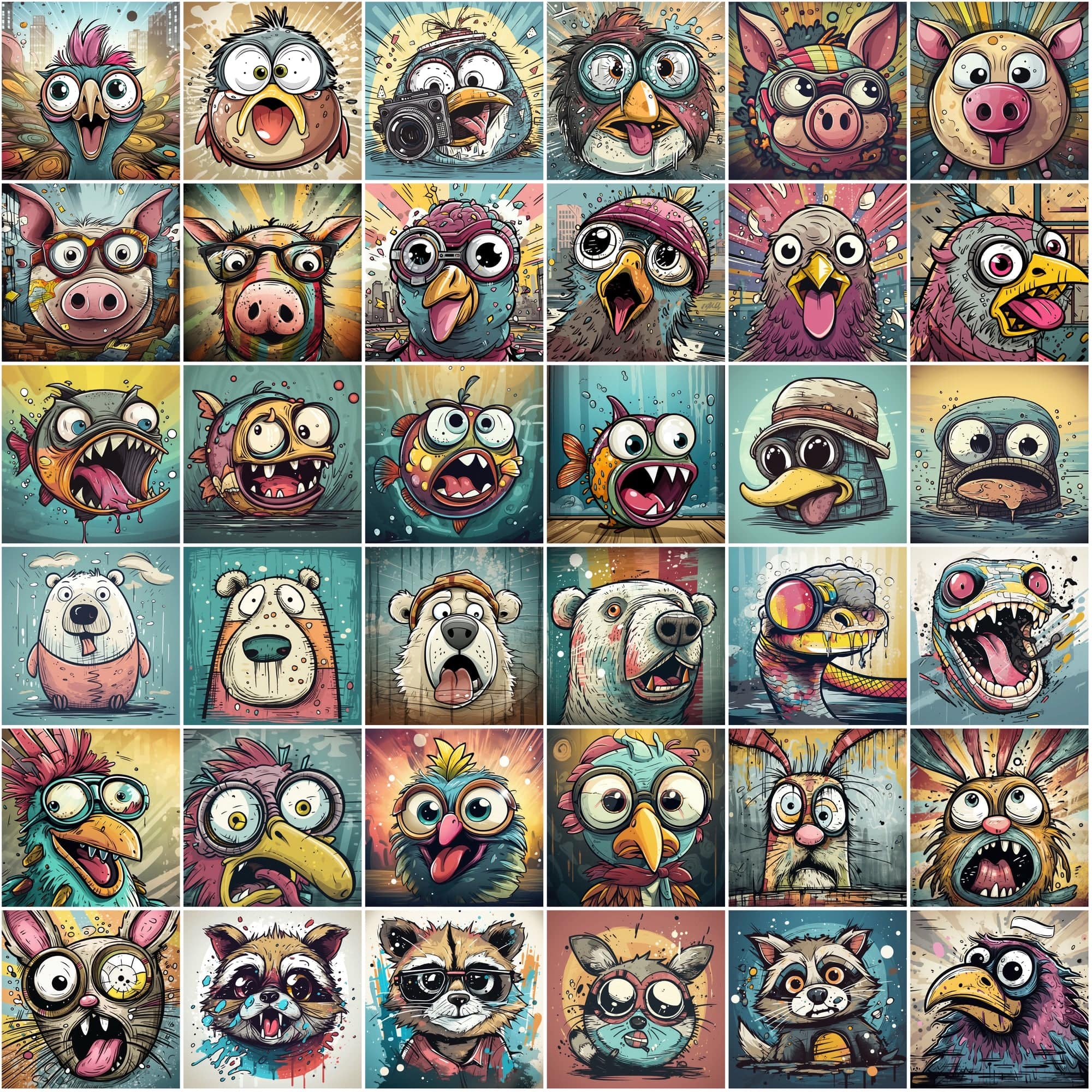 Whimsical Expressions: 490 Vibrant Surprised Cartoon Animal Portraits Digital Download Sumobundle