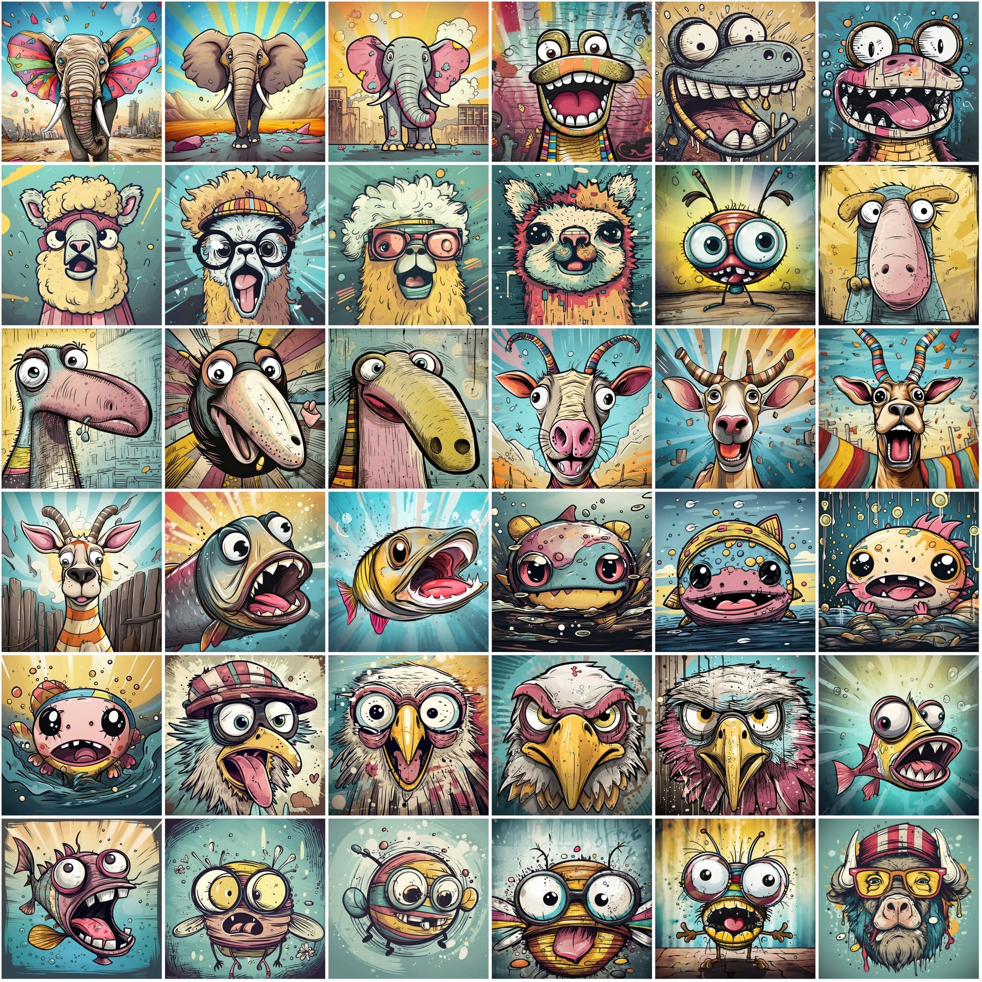 Whimsical Expressions: 490 Vibrant Surprised Cartoon Animal Portraits Digital Download Sumobundle