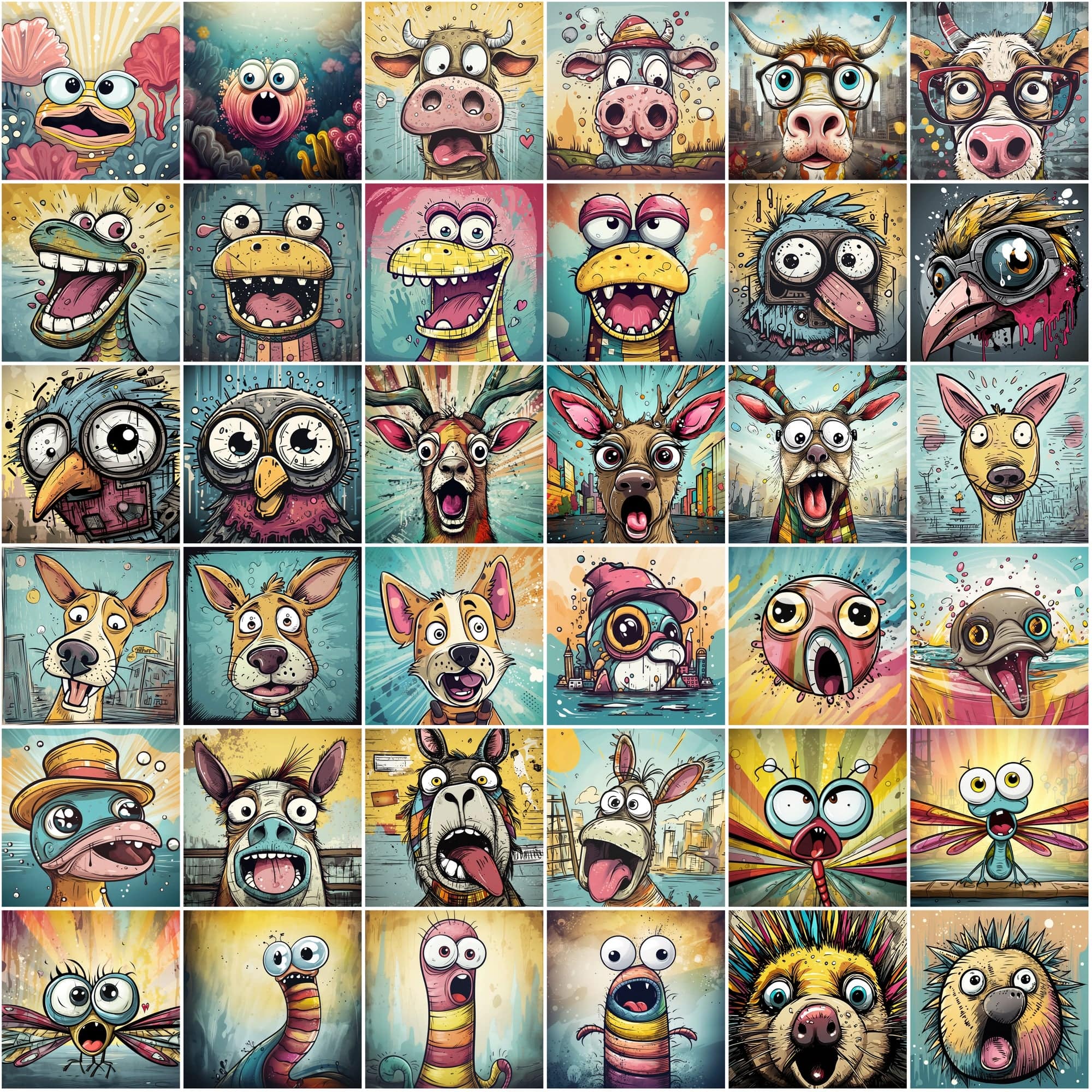 Whimsical Expressions: 490 Vibrant Surprised Cartoon Animal Portraits Digital Download Sumobundle