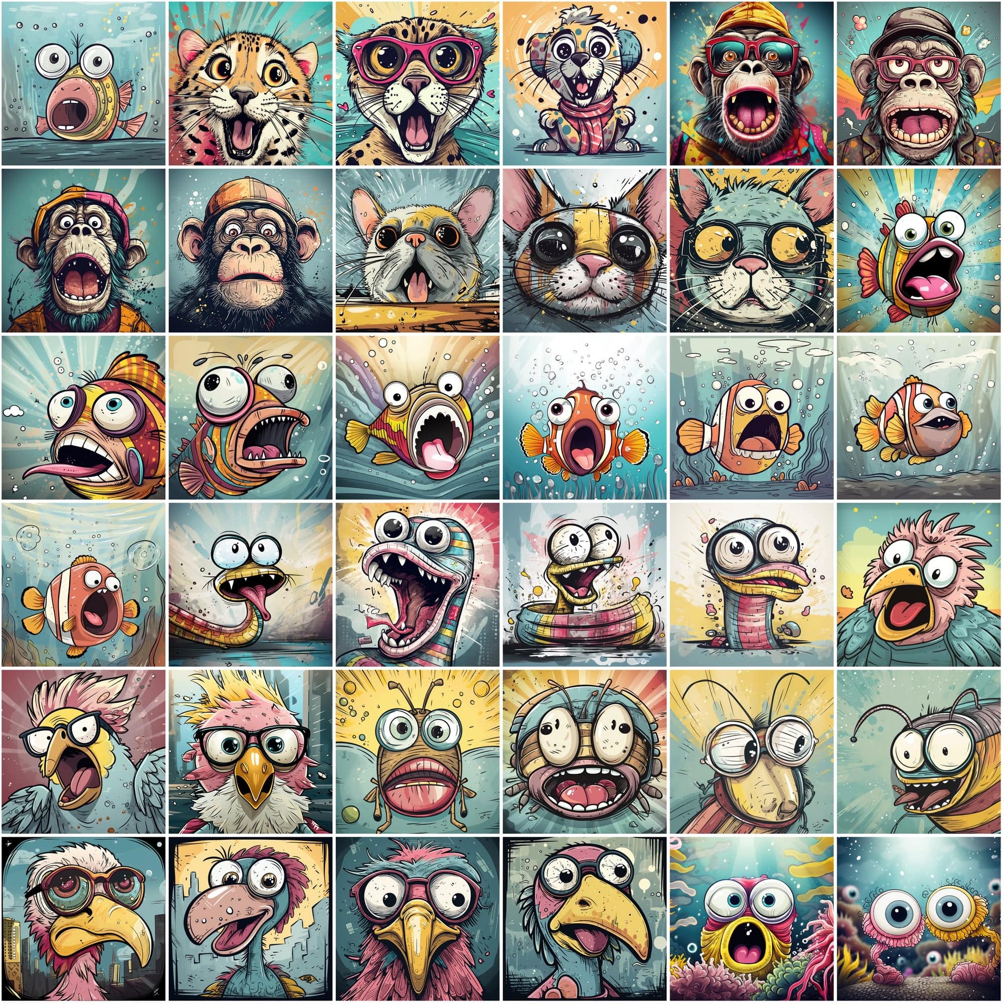 Whimsical Expressions: 490 Vibrant Surprised Cartoon Animal Portraits Digital Download Sumobundle