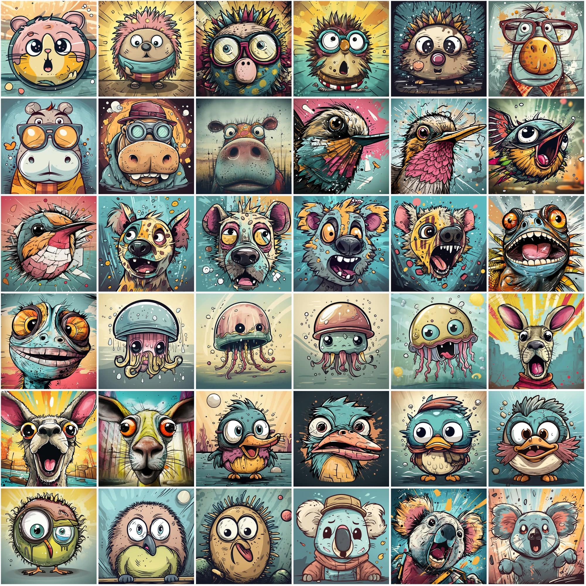 Whimsical Expressions: 490 Vibrant Surprised Cartoon Animal Portraits Digital Download Sumobundle