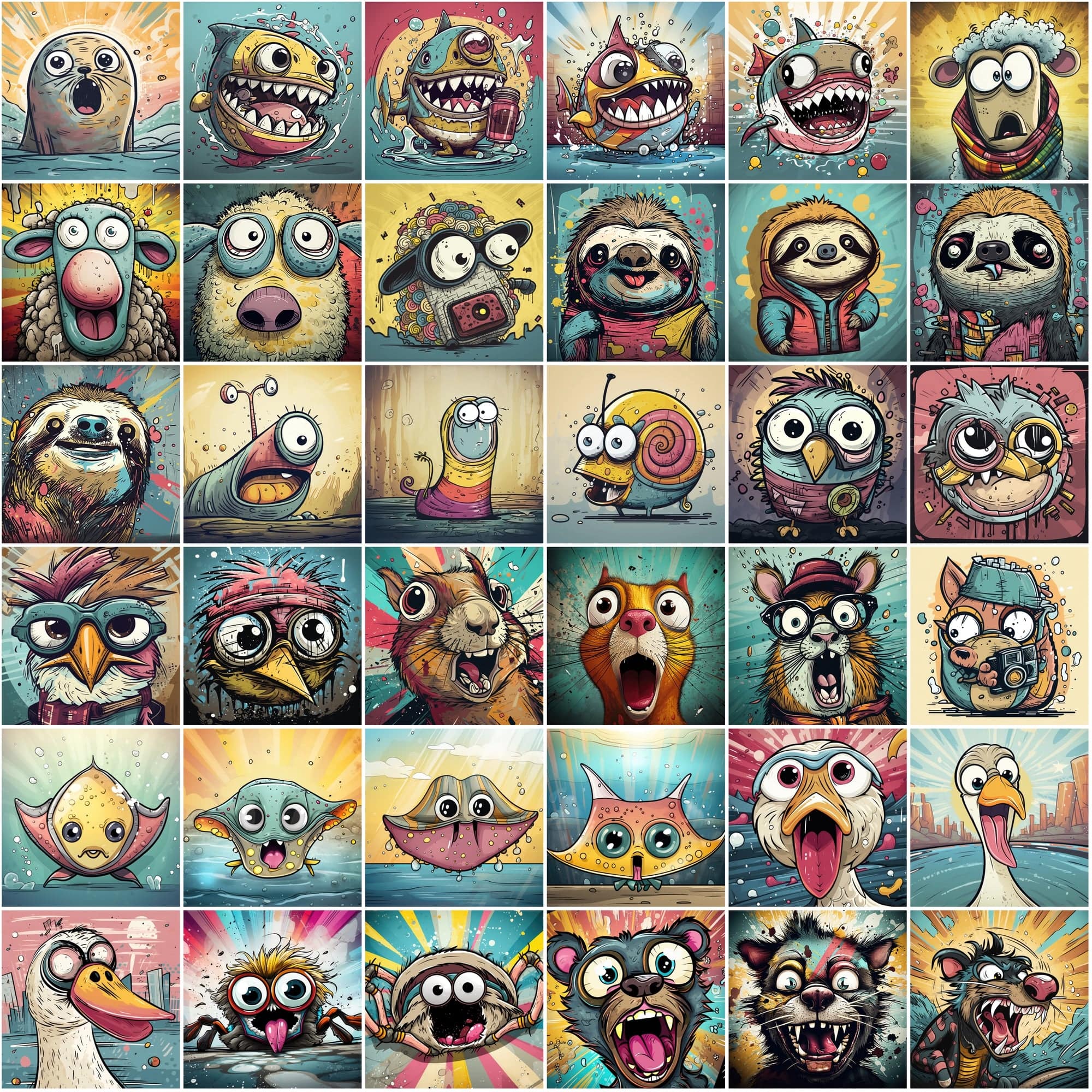 Whimsical Expressions: 490 Vibrant Surprised Cartoon Animal Portraits Digital Download Sumobundle