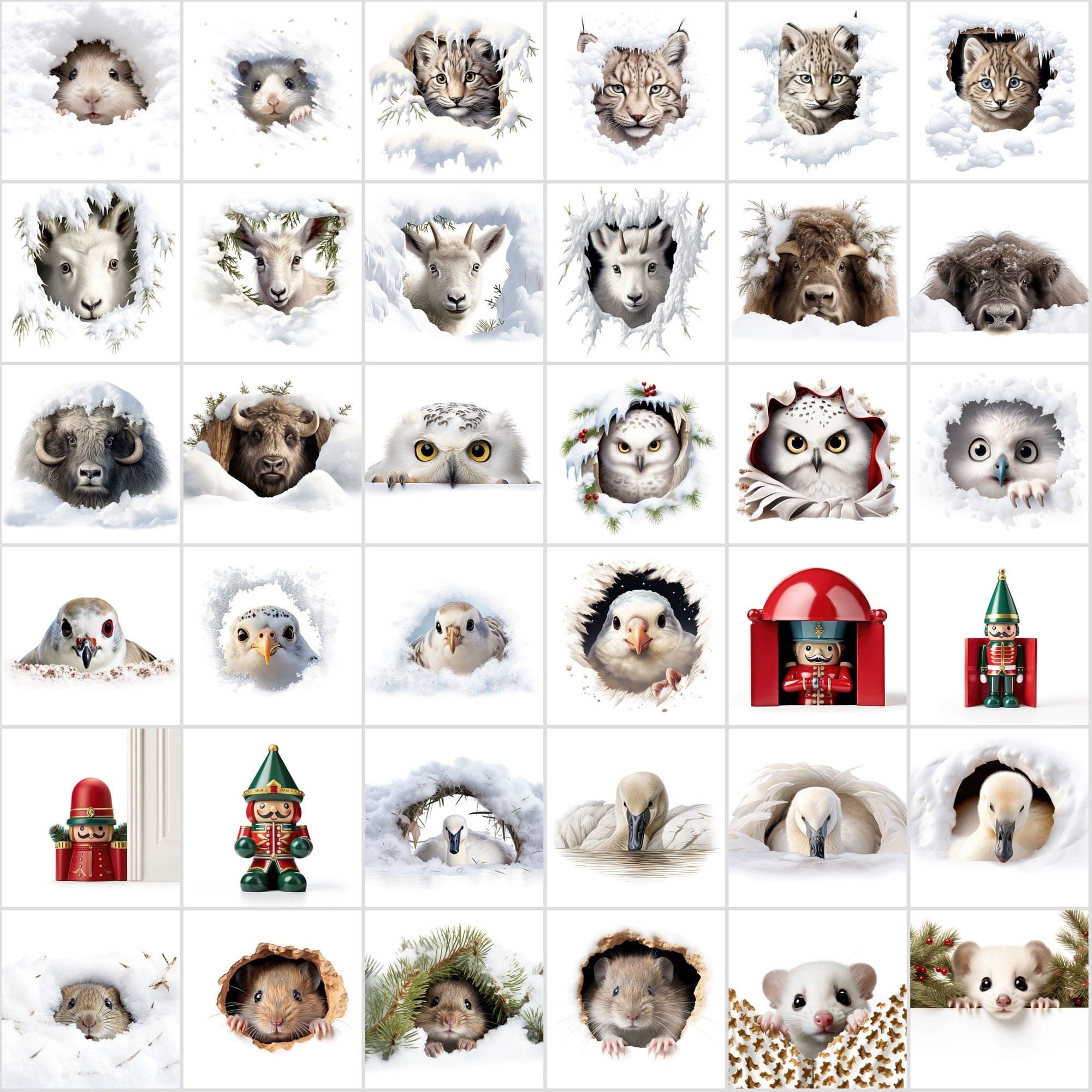 Whimsical Peekaboo Animals in Snow PNG Collection - Vibrant Christmas Themed Digital Images with Commercial Use License Digital Download Sumobundle