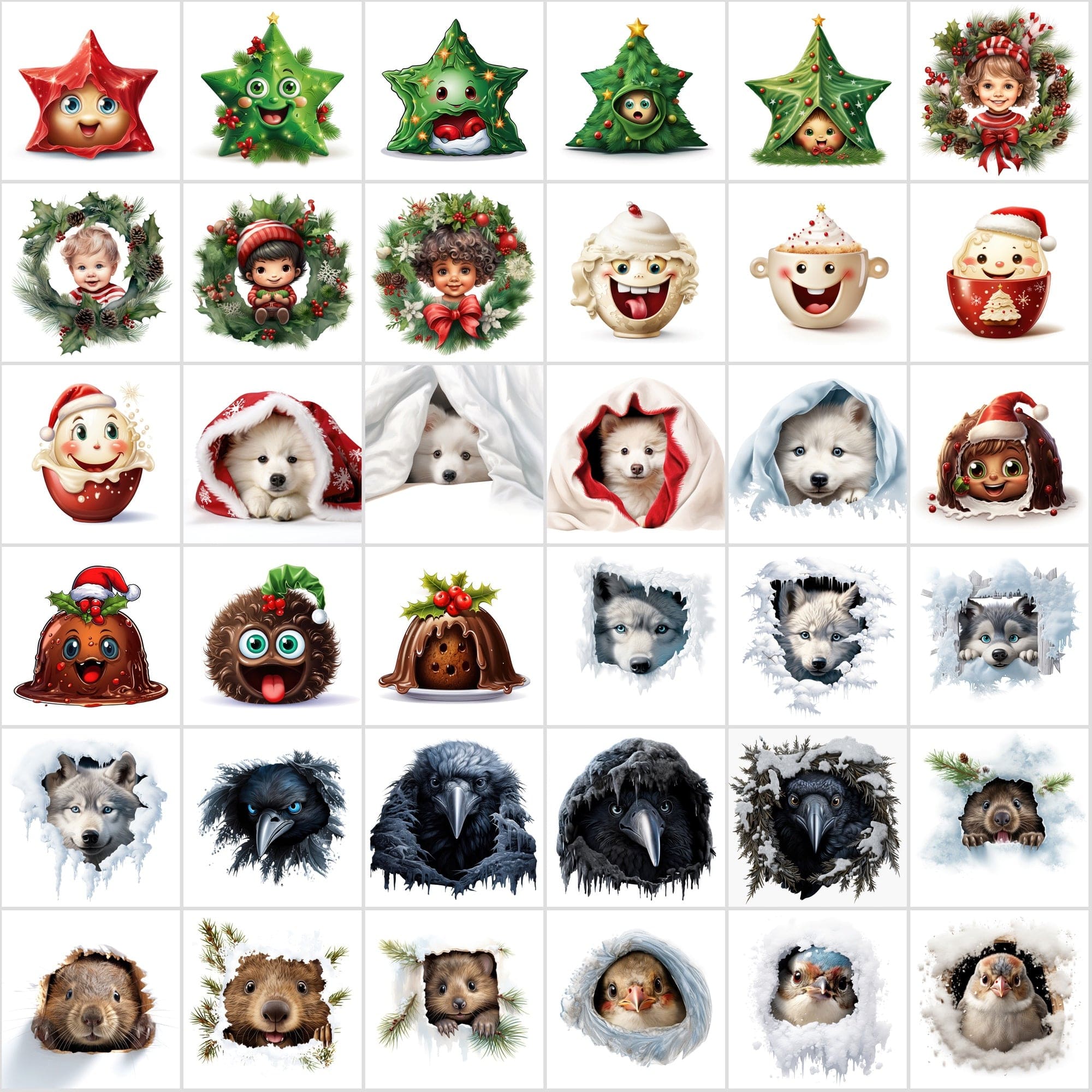 Whimsical Peekaboo Animals in Snow PNG Collection - Vibrant Christmas Themed Digital Images with Commercial Use License Digital Download Sumobundle