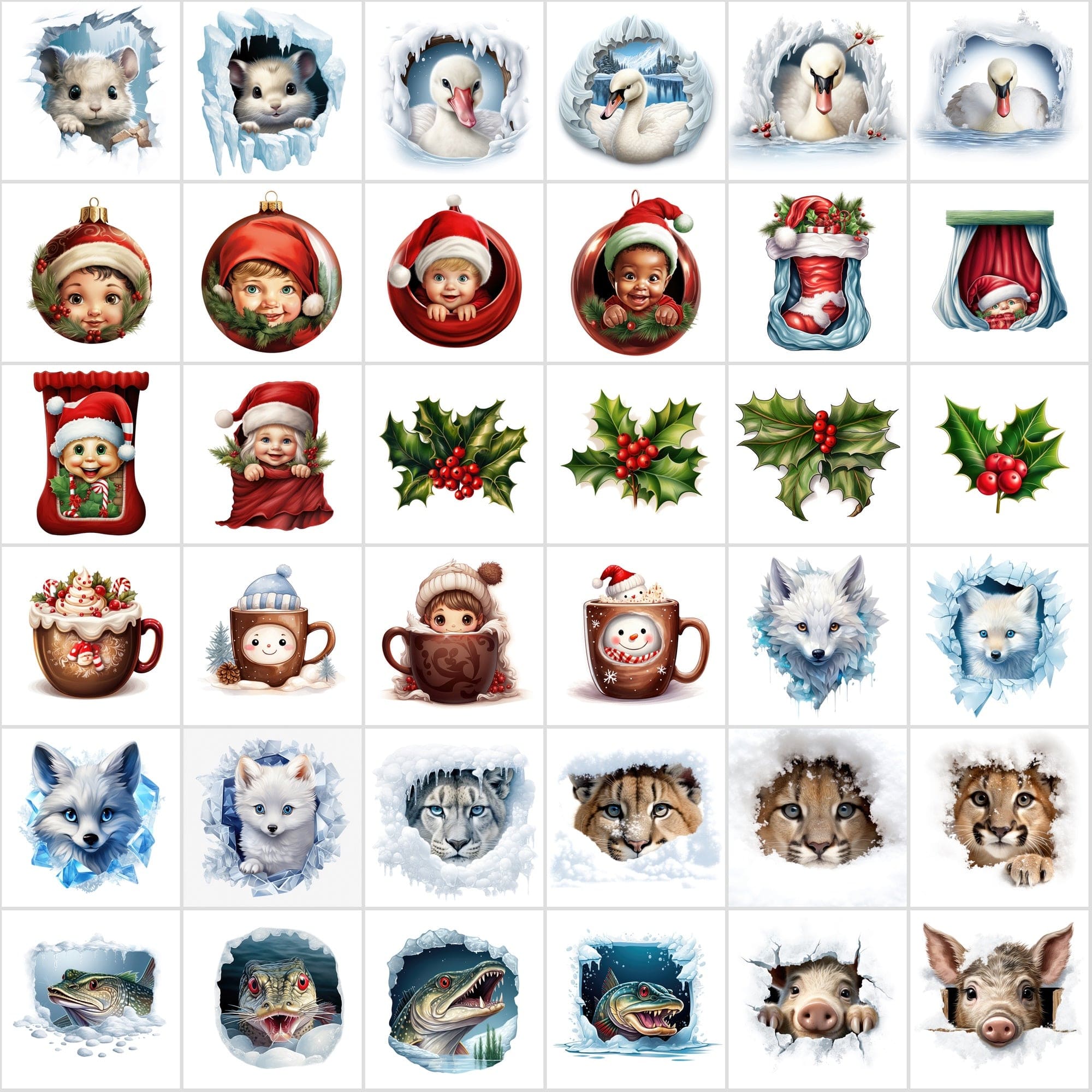 Whimsical Peekaboo Animals in Snow PNG Collection - Vibrant Christmas Themed Digital Images with Commercial Use License Digital Download Sumobundle