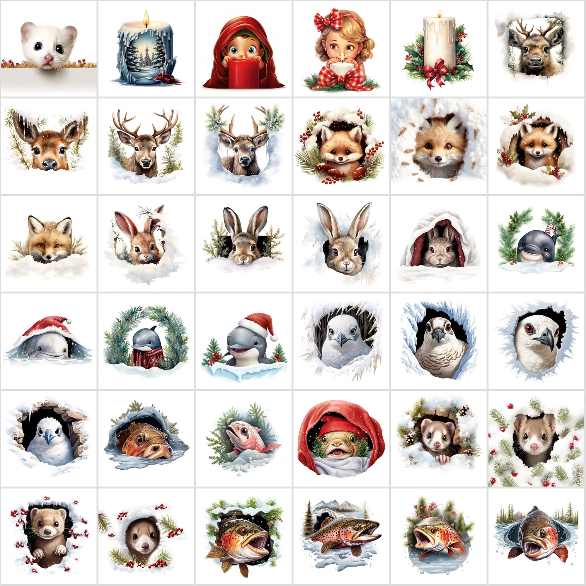 Whimsical Peekaboo Animals in Snow PNG Collection - Vibrant Christmas Themed Digital Images with Commercial Use License Digital Download Sumobundle