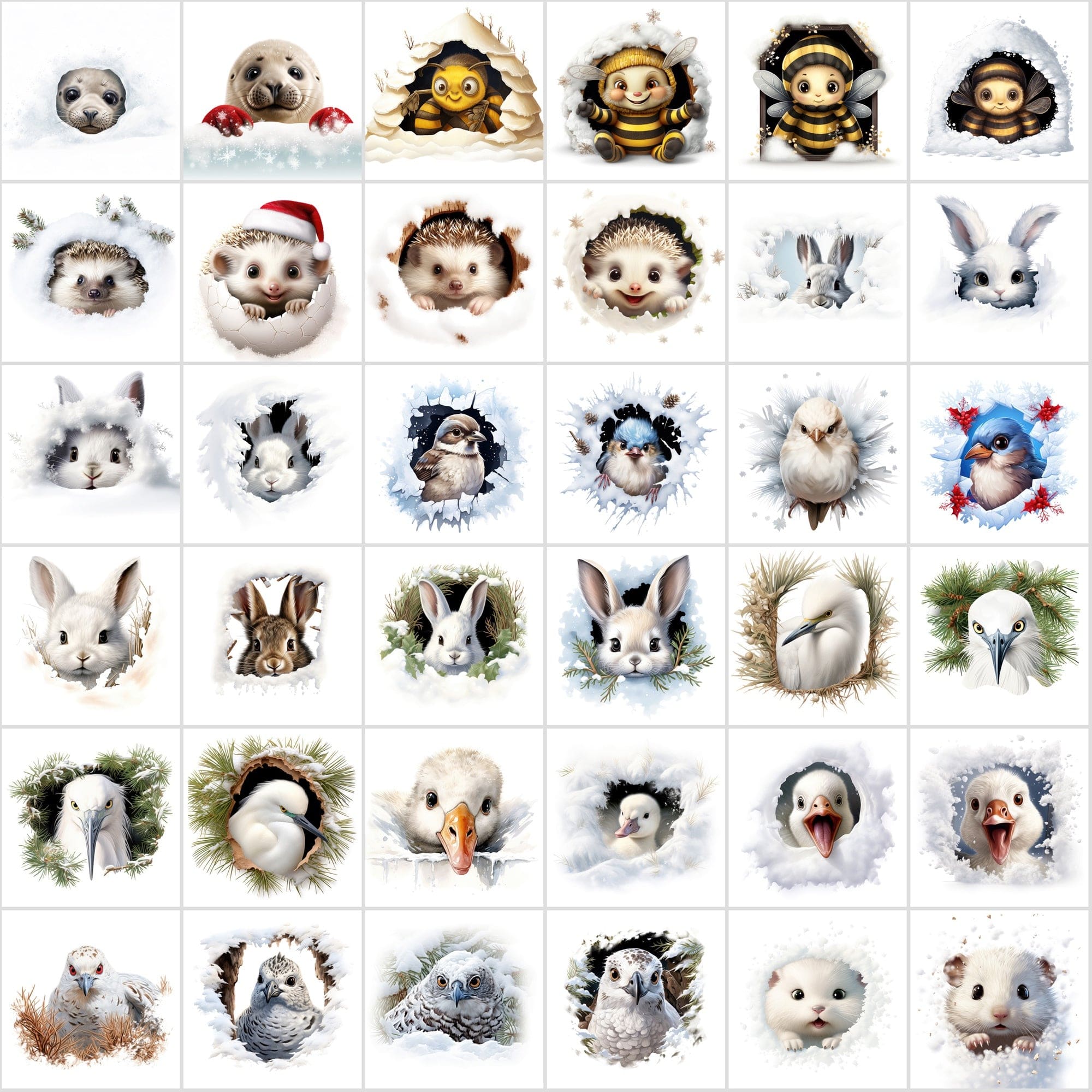 Whimsical Peekaboo Animals in Snow PNG Collection - Vibrant Christmas Themed Digital Images with Commercial Use License Digital Download Sumobundle