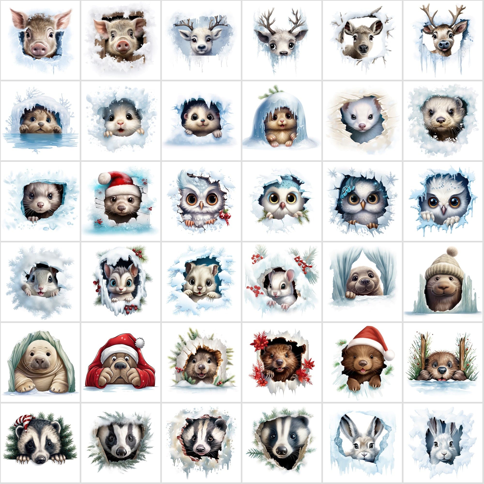 Whimsical Peekaboo Animals in Snow PNG Collection - Vibrant Christmas Themed Digital Images with Commercial Use License Digital Download Sumobundle