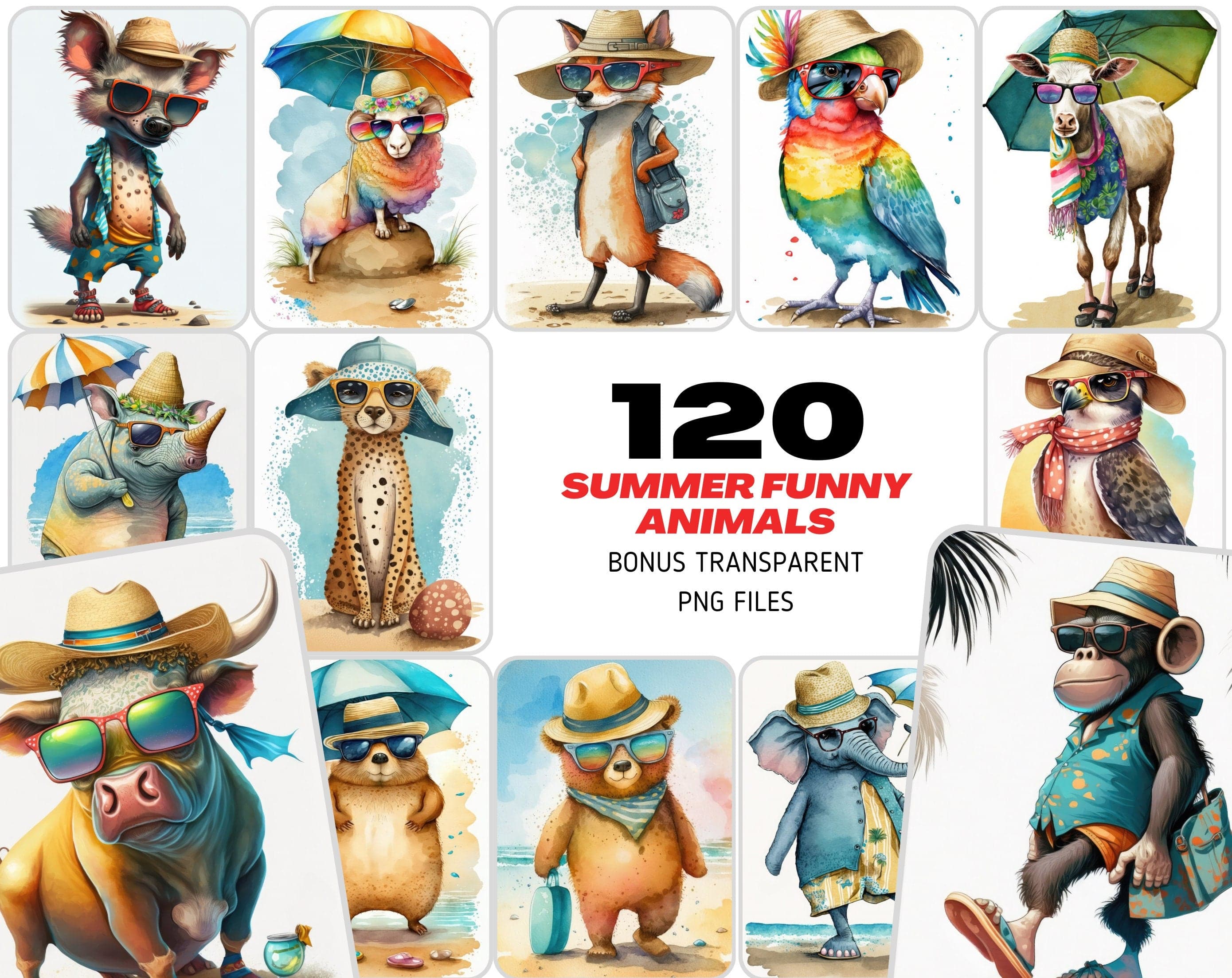 Whimsical Summer Animals Clipart Bundle - 120 Cute Animal Images with Sunglasses & Beach Outfits Digital Download Sumobundle