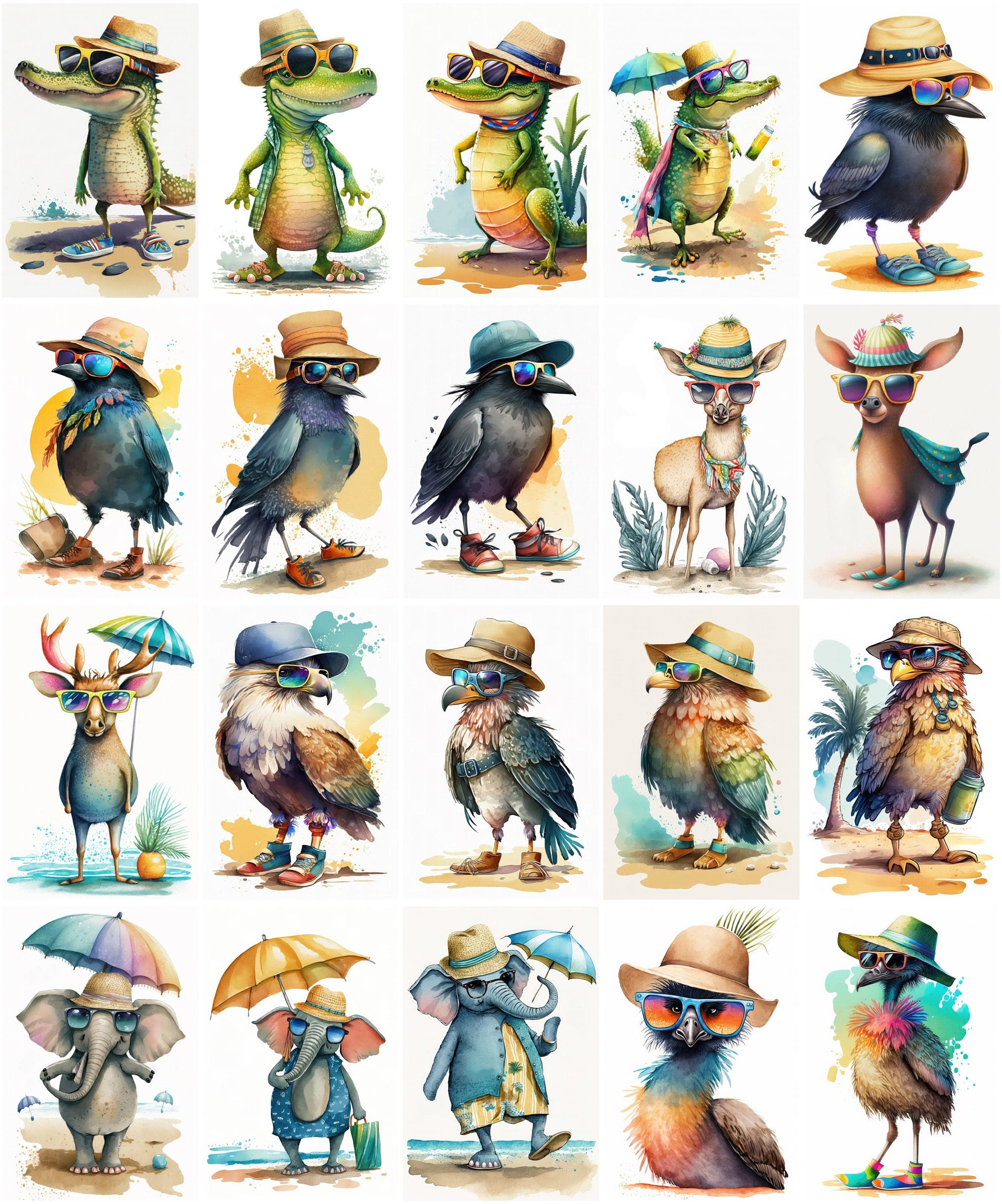 Whimsical Summer Animals Clipart Bundle - 120 Cute Animal Images with Sunglasses & Beach Outfits Digital Download Sumobundle