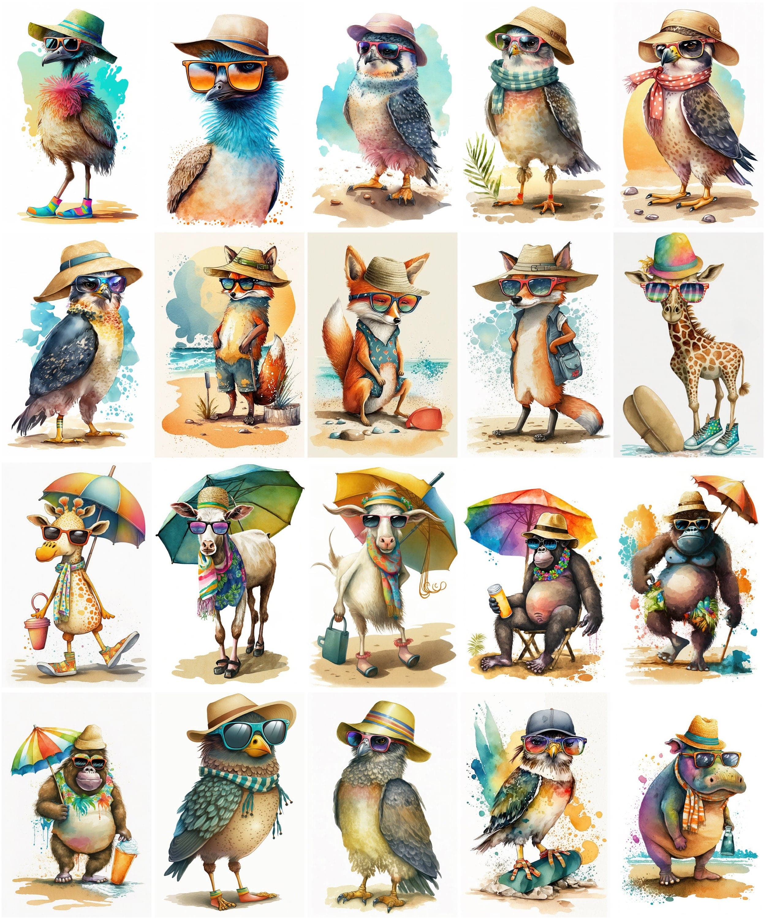 Whimsical Summer Animals Clipart Bundle - 120 Cute Animal Images with Sunglasses & Beach Outfits Digital Download Sumobundle