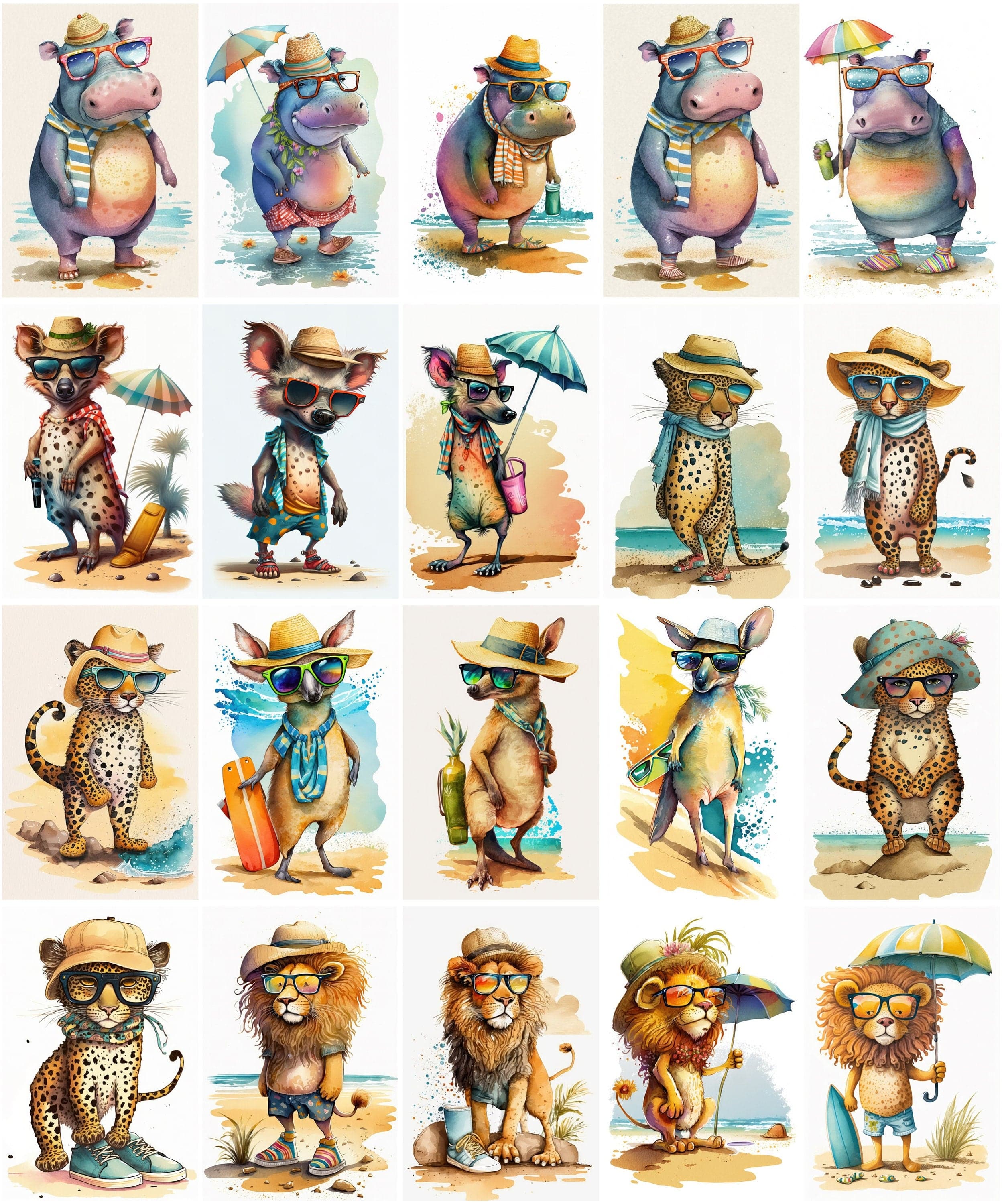 Whimsical Summer Animals Clipart Bundle - 120 Cute Animal Images with Sunglasses & Beach Outfits Digital Download Sumobundle