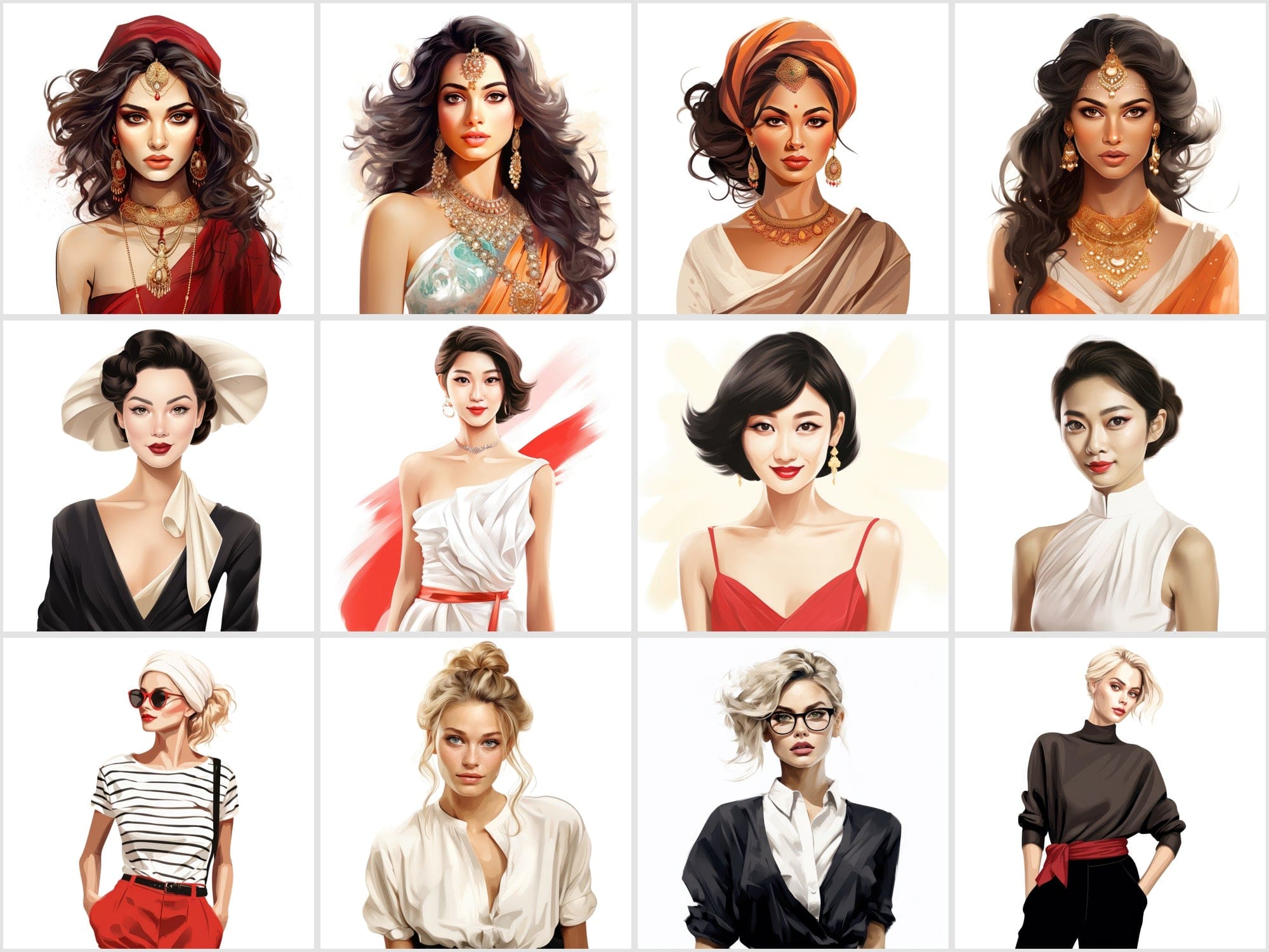 Women of the World: 120 Transparent PNG Images with Portraits Across Cultures Digital Download Sumobundle