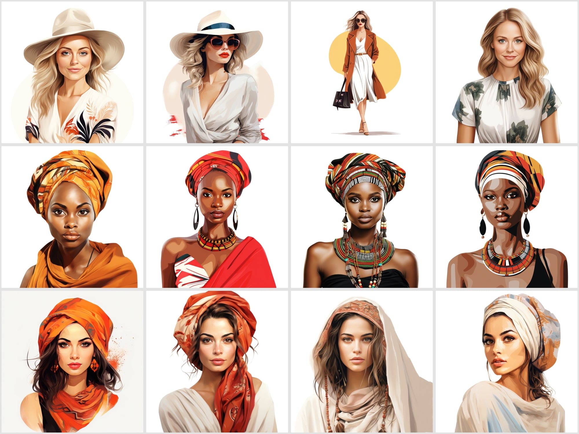 Women of the World: 120 Transparent PNG Images with Portraits Across Cultures Digital Download Sumobundle