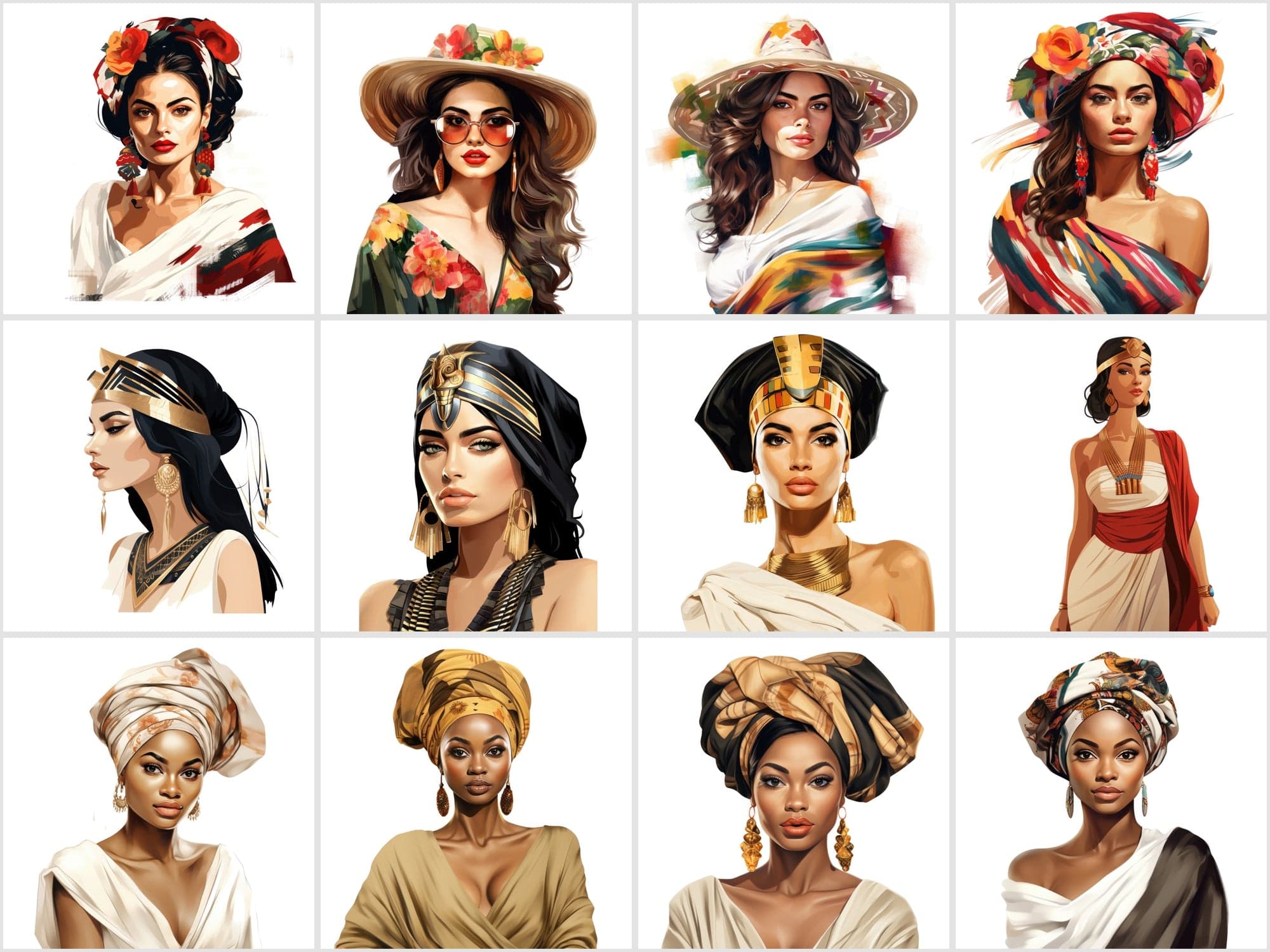 Women of the World: 120 Transparent PNG Images with Portraits Across Cultures Digital Download Sumobundle