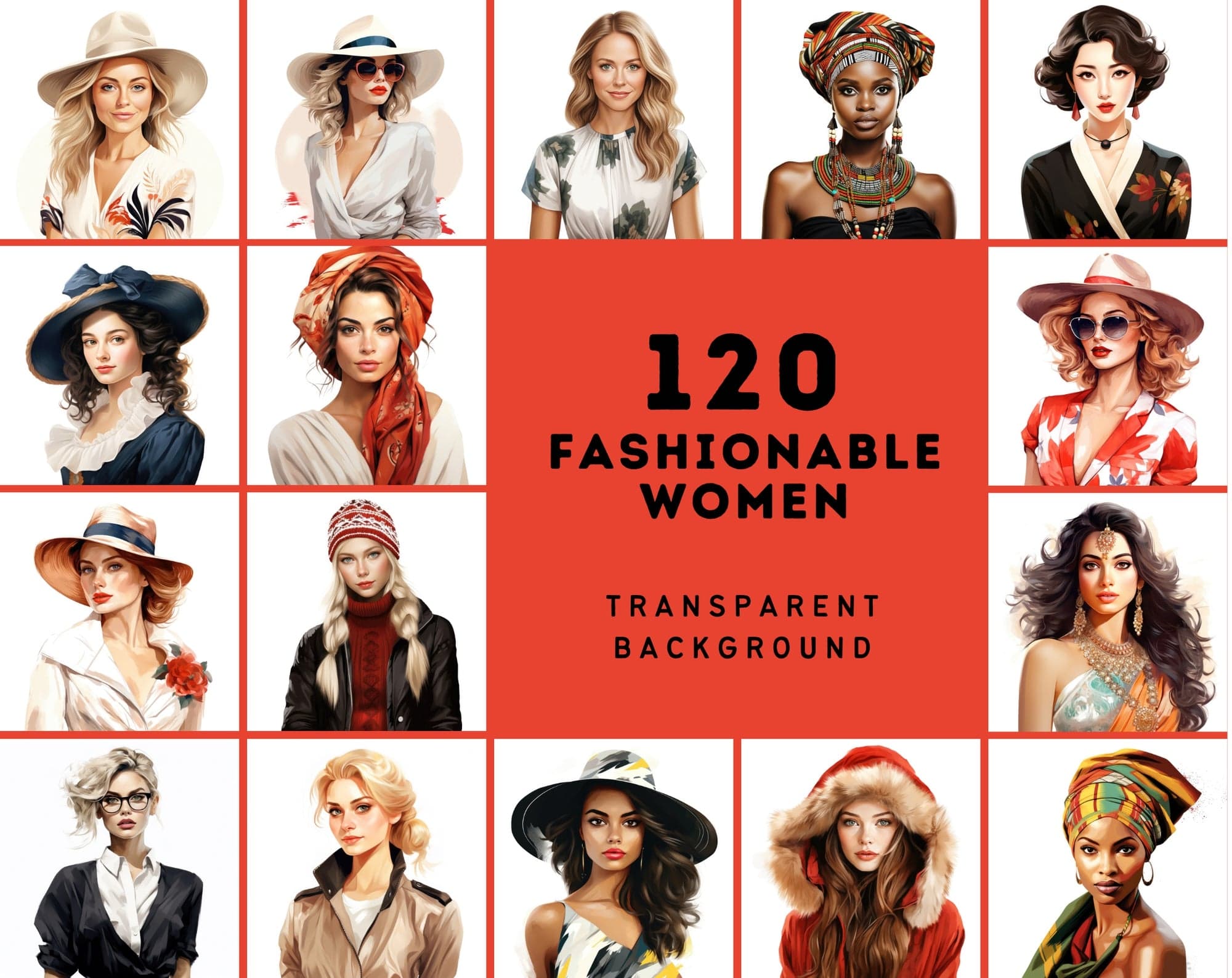 Women of the World: 120 Transparent PNG Images with Portraits Across Cultures Digital Download Sumobundle
