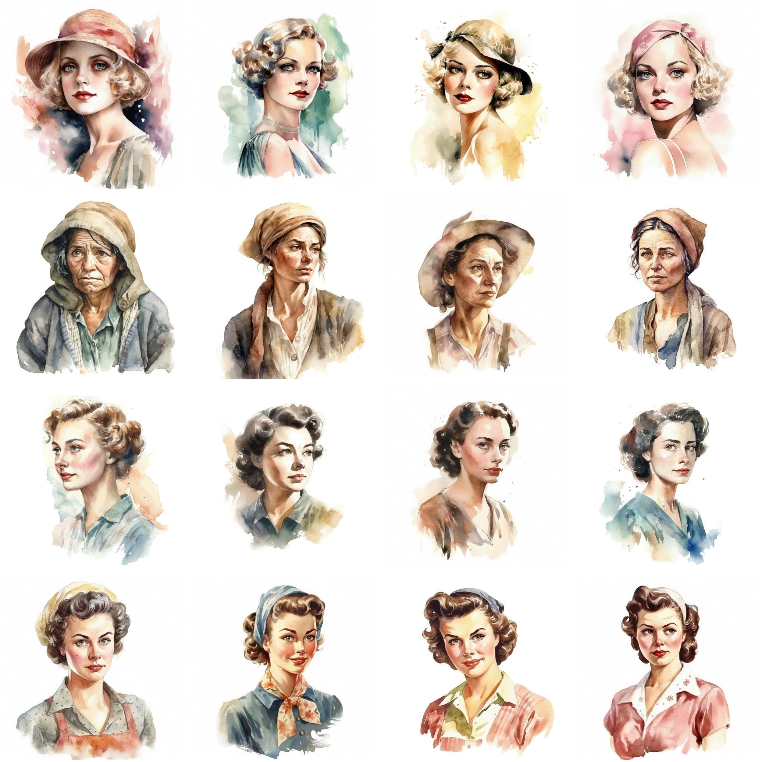 Women Through the Decades: Watercolor Portraits from the 1920s to Today - Celebrating Women From Ancient Times to the Present Day Digital Download Sumobundle
