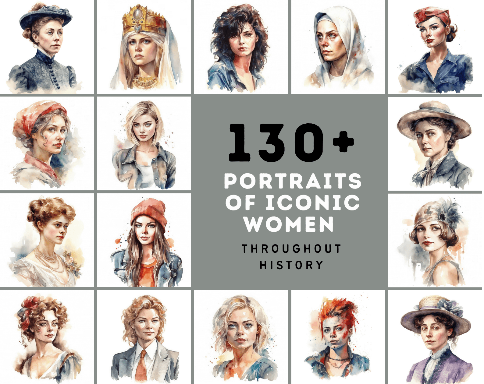 Women Through the Decades: Watercolor Portraits from the 1920s to Today - Celebrating Women From Ancient Times to the Present Day Digital Download Sumobundle