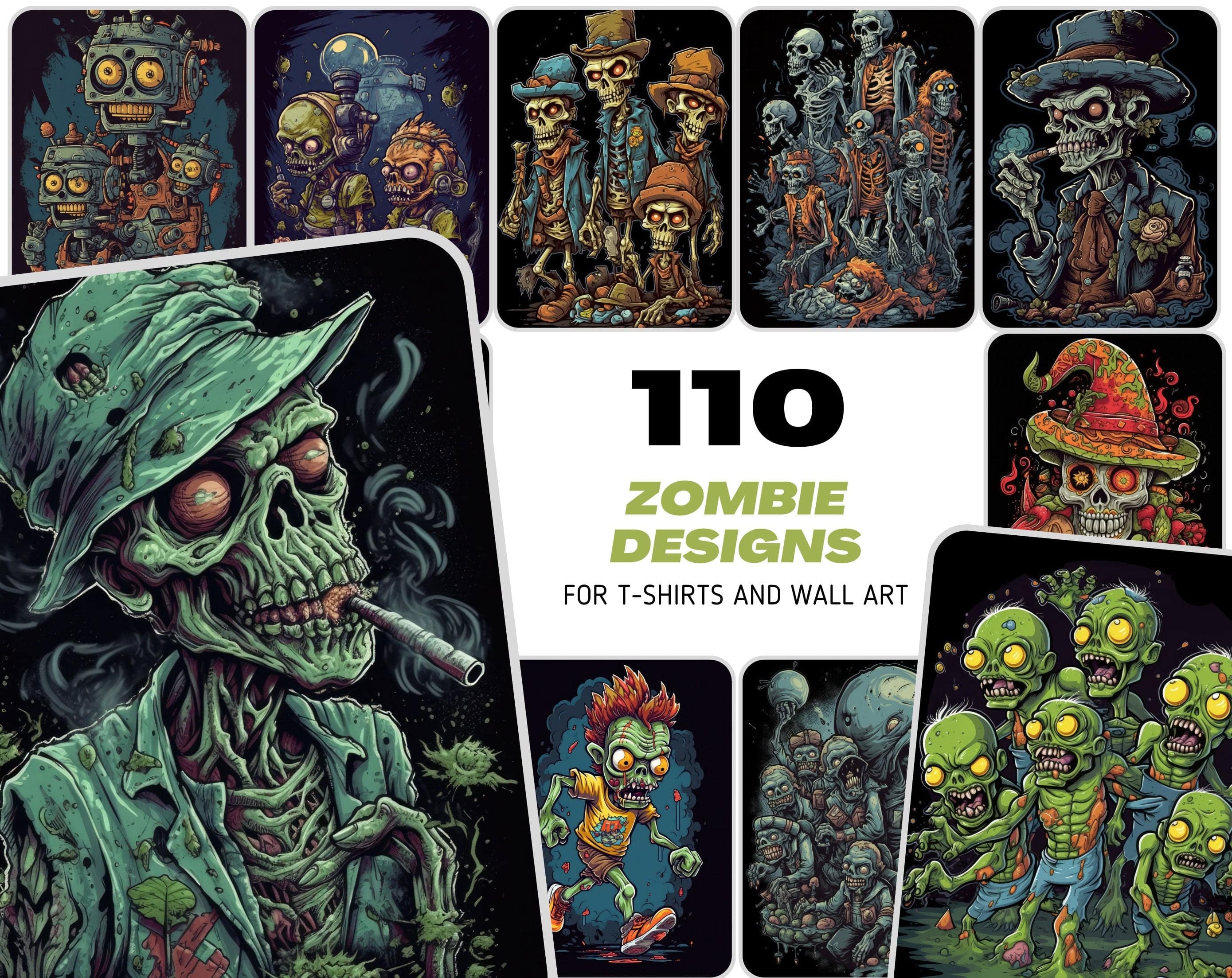 Zombie Skulls Bundle: 110 Unique, Handcrafted Zombie Skull Designs - Digital Download - Commercial Use - Zombie t-shirt design, Skull Tshirt Digital Download Sumobundle