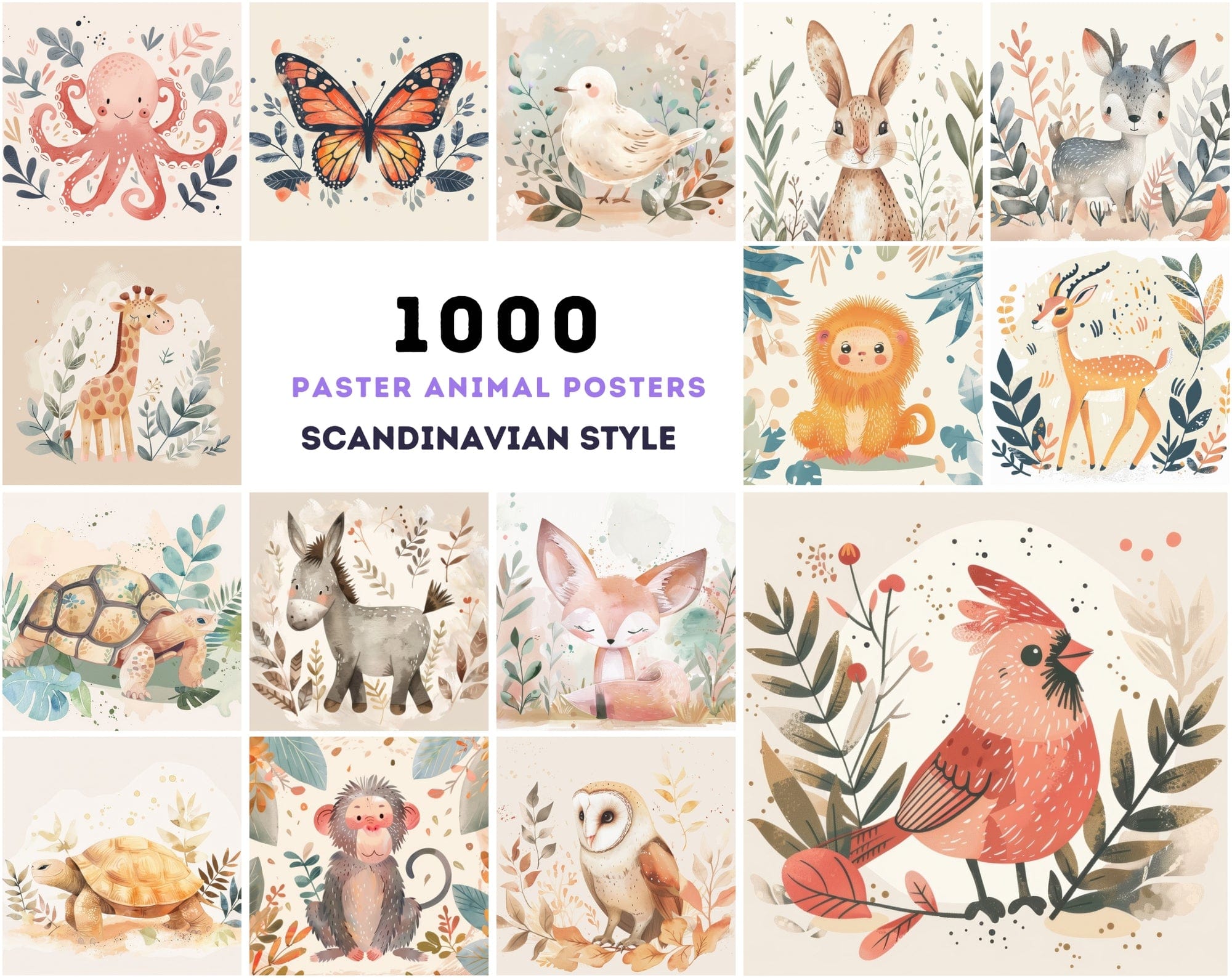 1000 Scandinavian Style Animal Prints - Pastel Colors, Watercolor, Commercial License Digital Download Sumobundle