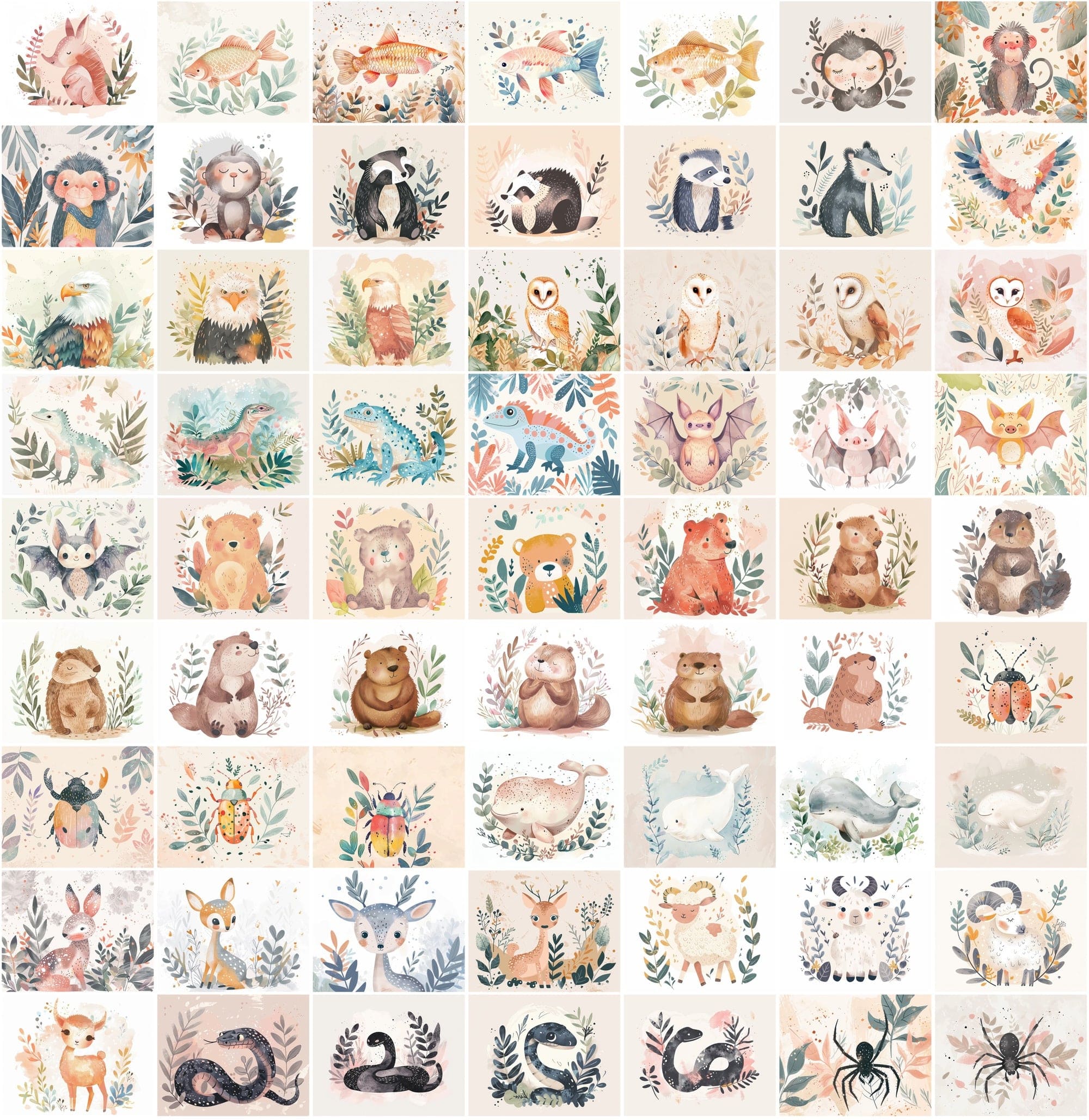 1000 Scandinavian Style Animal Prints - Pastel Colors, Watercolor, Commercial License Digital Download Sumobundle