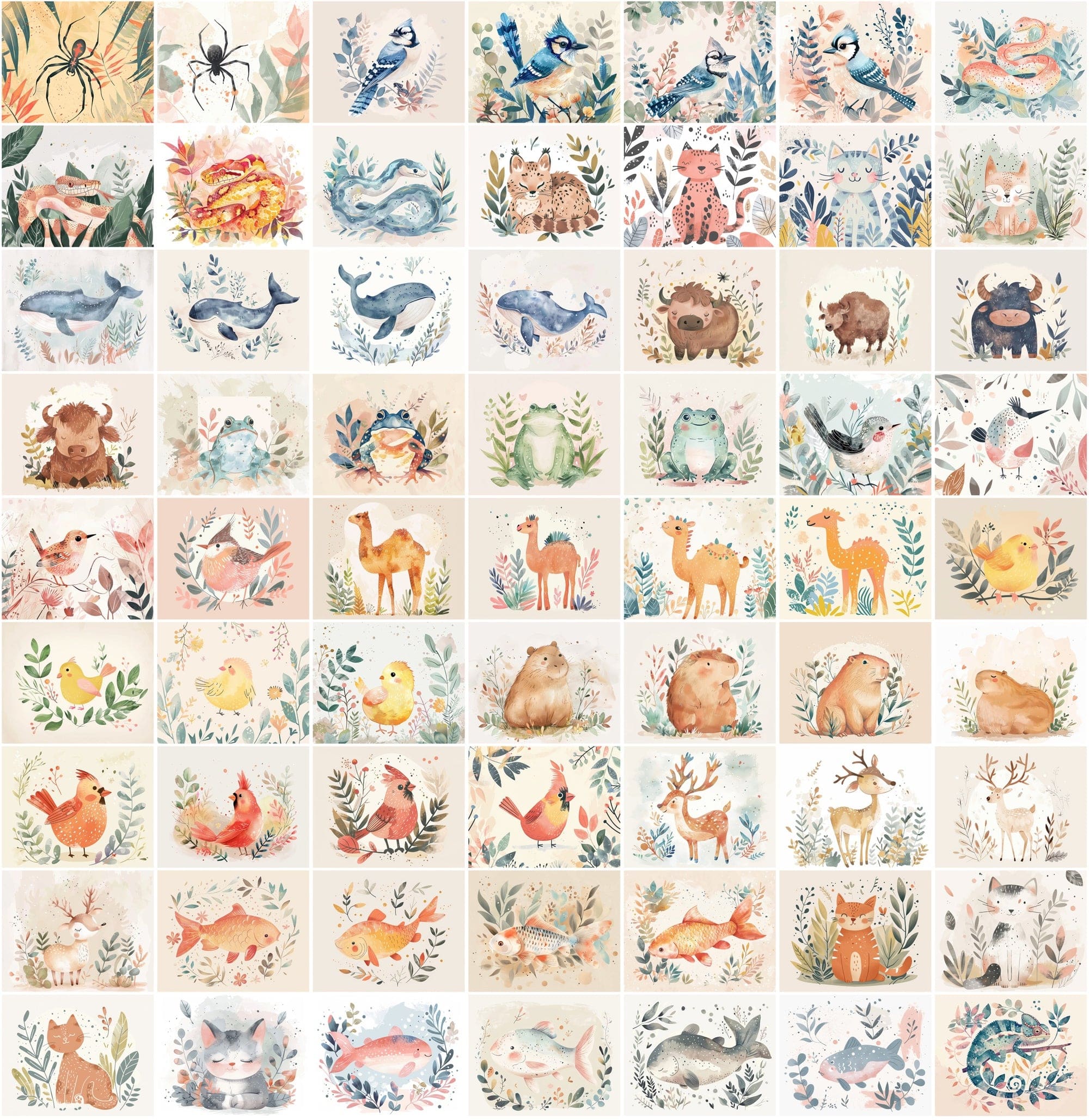 1000 Scandinavian Style Animal Prints - Pastel Colors, Watercolor, Commercial License Digital Download Sumobundle