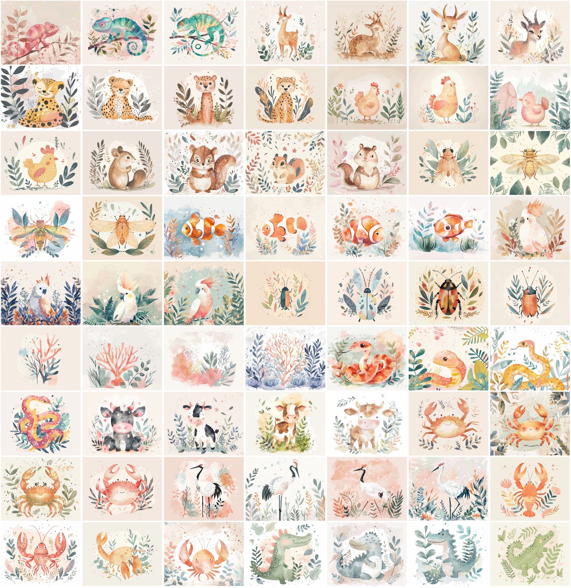 1000 Scandinavian Style Animal Prints - Pastel Colors, Watercolor, Commercial License Digital Download Sumobundle