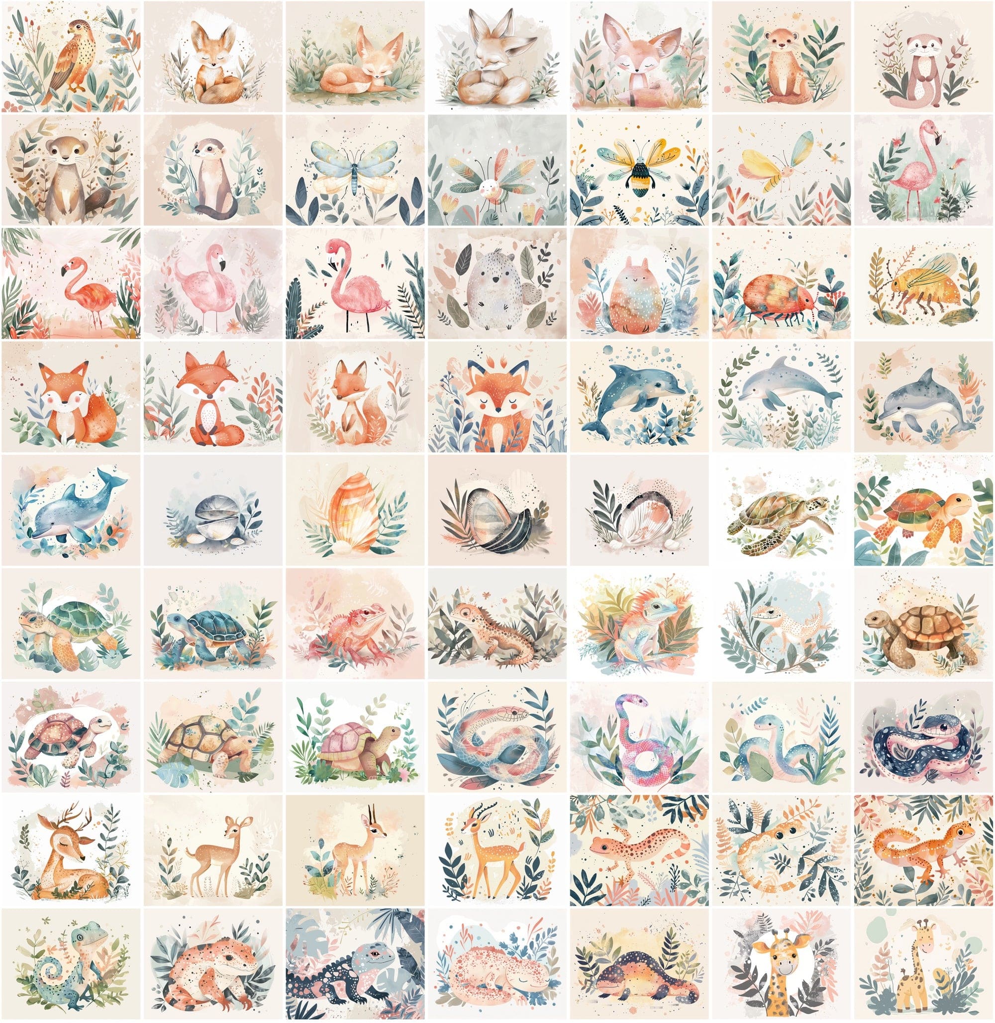 1000 Scandinavian Style Animal Prints - Pastel Colors, Watercolor, Commercial License Digital Download Sumobundle