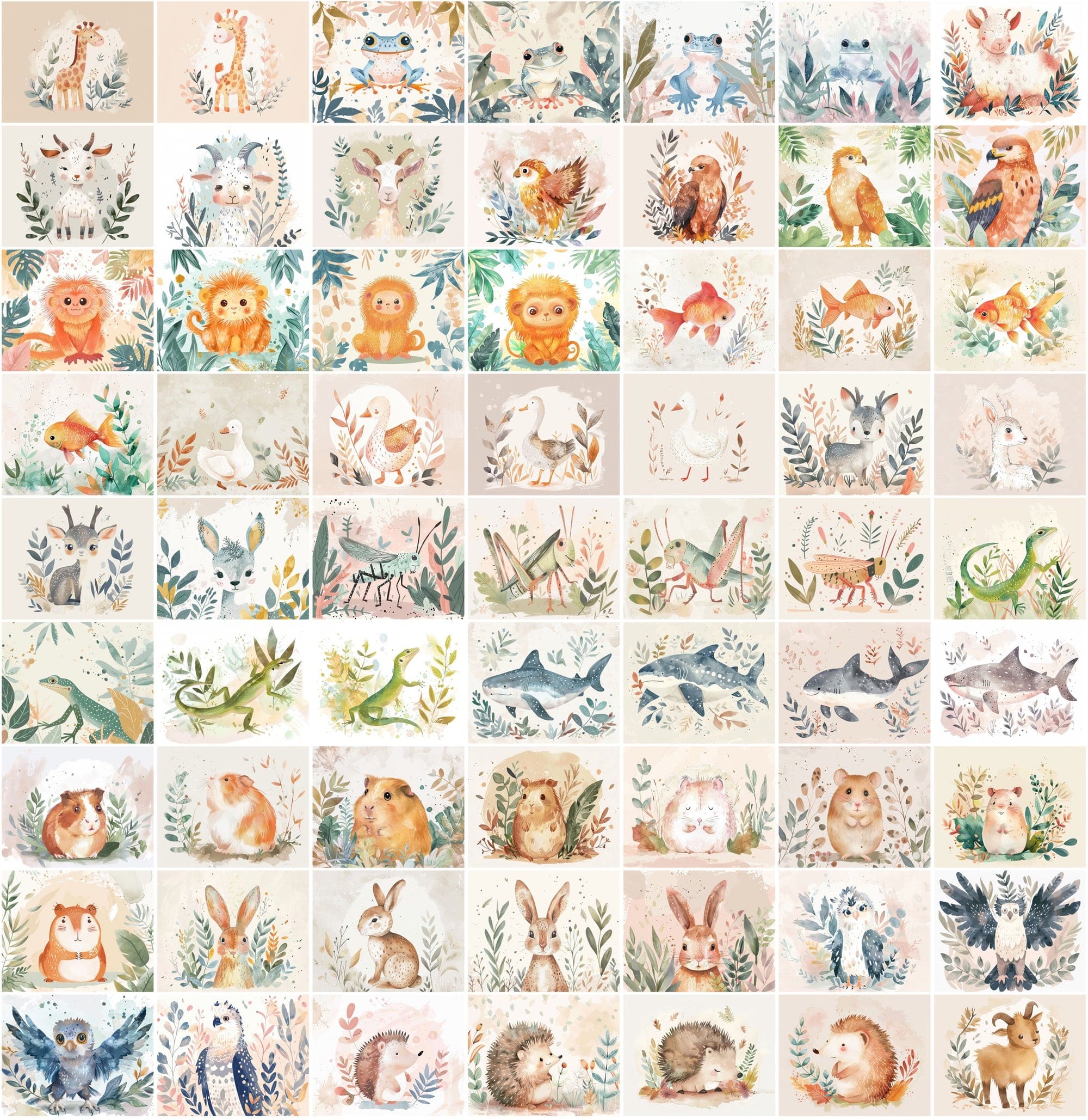 1000 Scandinavian Style Animal Prints - Pastel Colors, Watercolor, Commercial License Digital Download Sumobundle