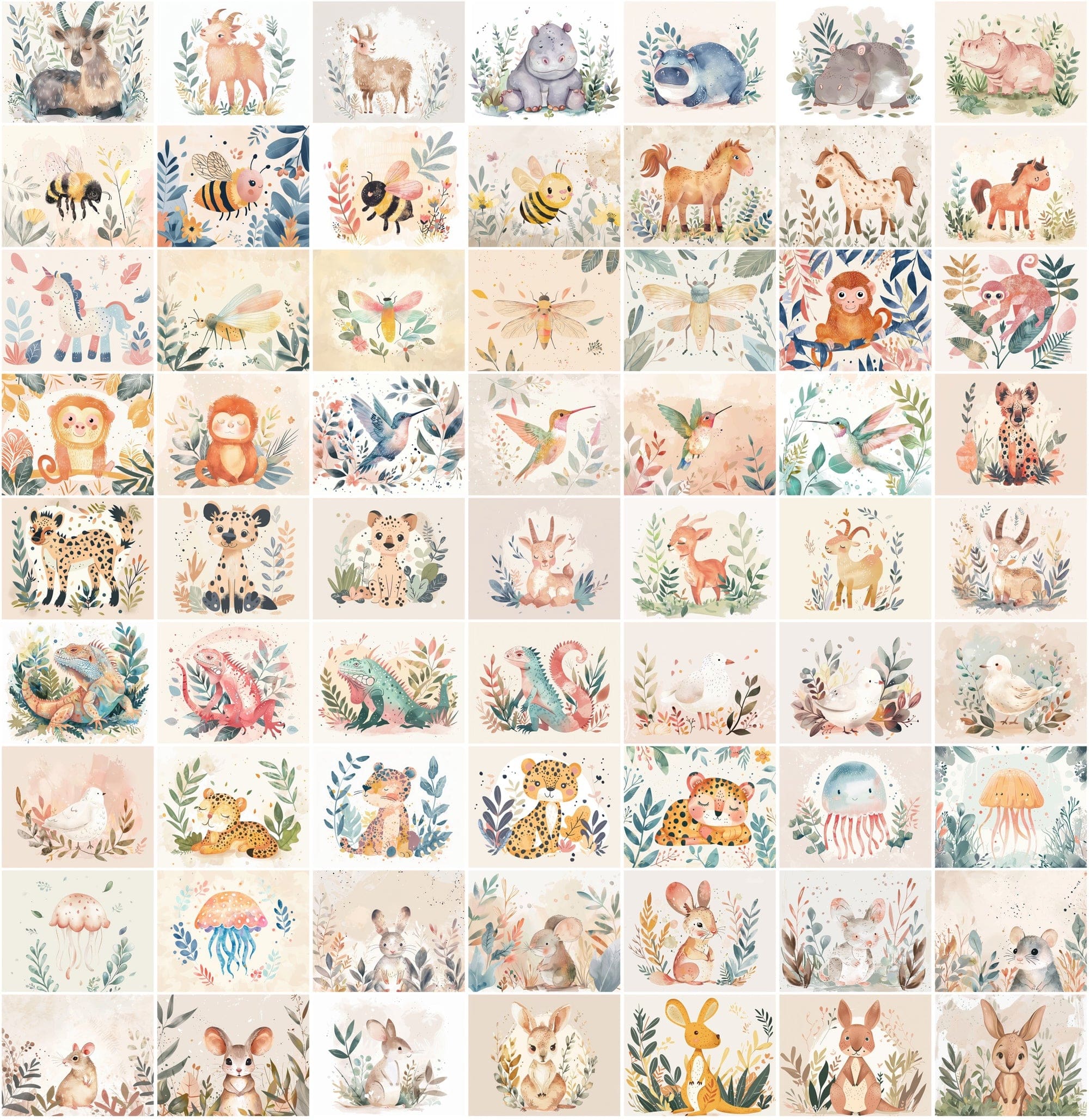 1000 Scandinavian Style Animal Prints - Pastel Colors, Watercolor, Commercial License Digital Download Sumobundle