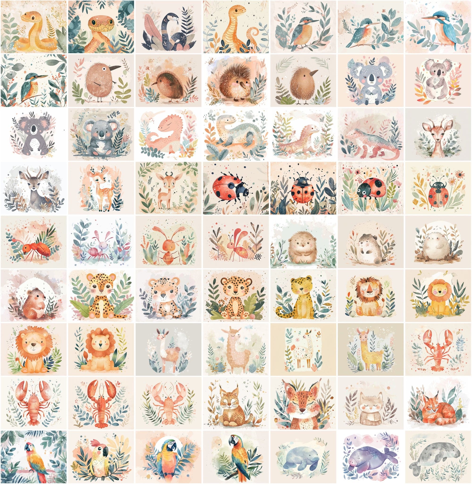 1000 Scandinavian Style Animal Prints - Pastel Colors, Watercolor, Commercial License Digital Download Sumobundle