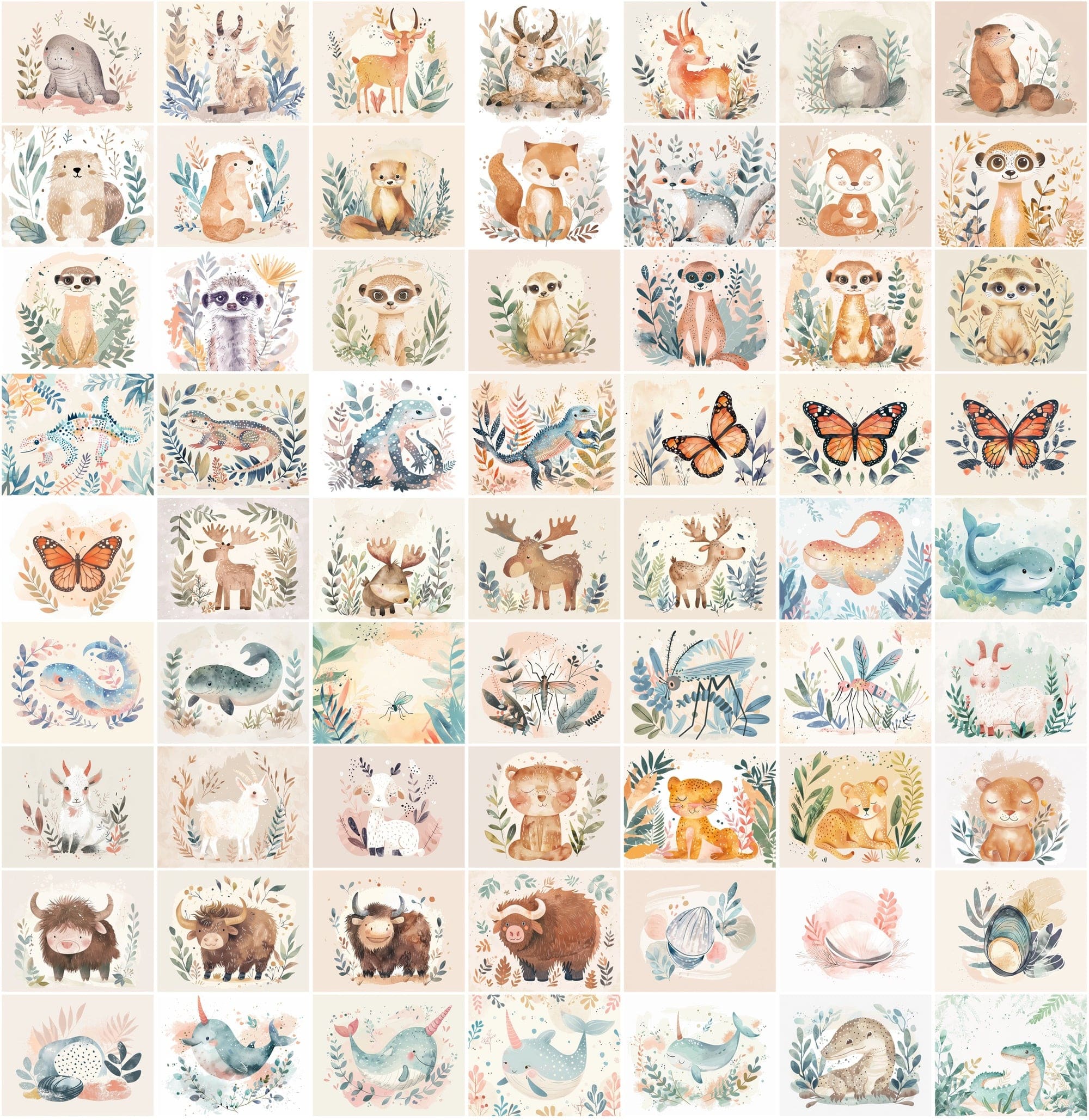 1000 Scandinavian Style Animal Prints - Pastel Colors, Watercolor, Commercial License Digital Download Sumobundle