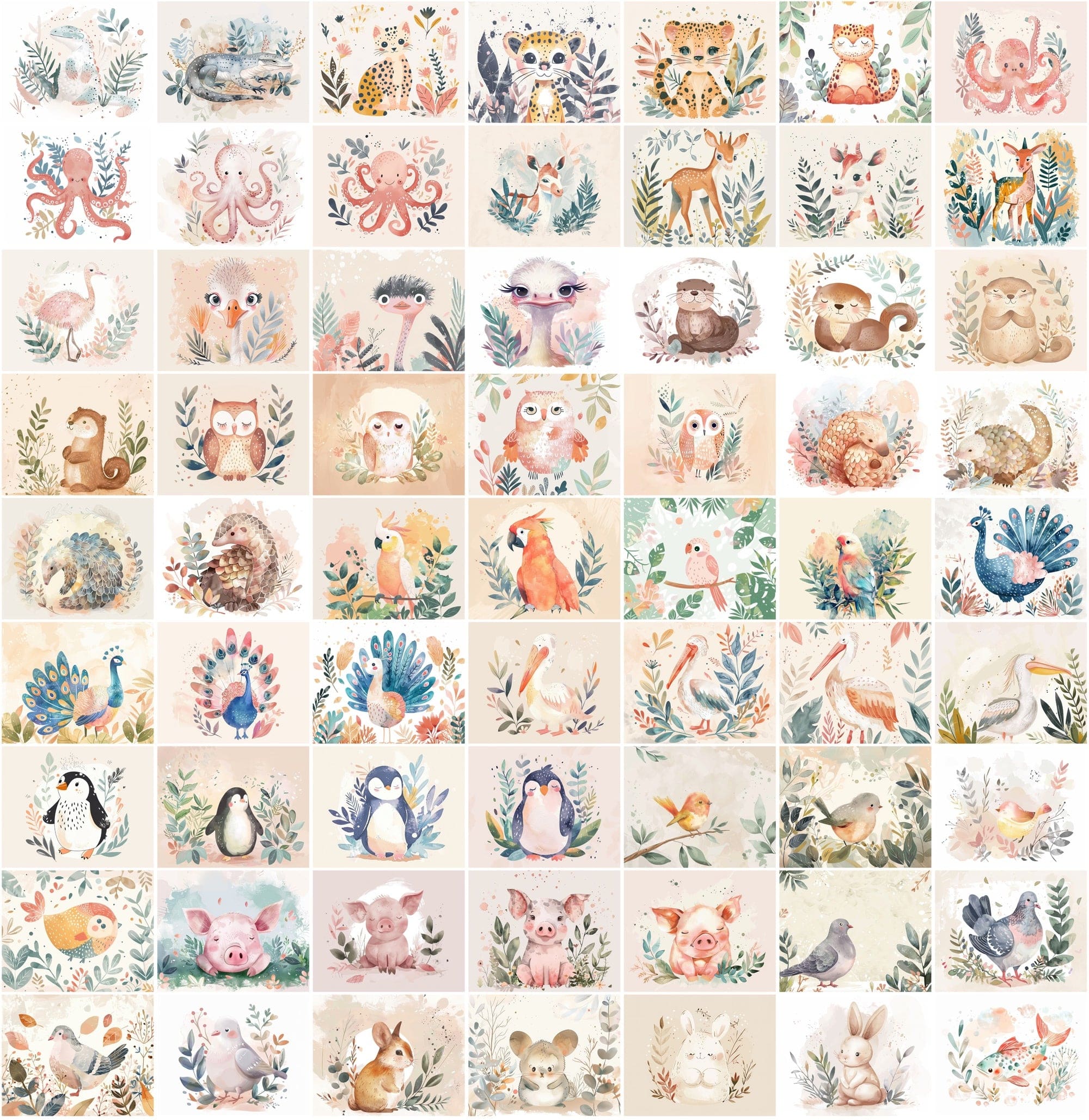 1000 Scandinavian Style Animal Prints - Pastel Colors, Watercolor, Commercial License Digital Download Sumobundle