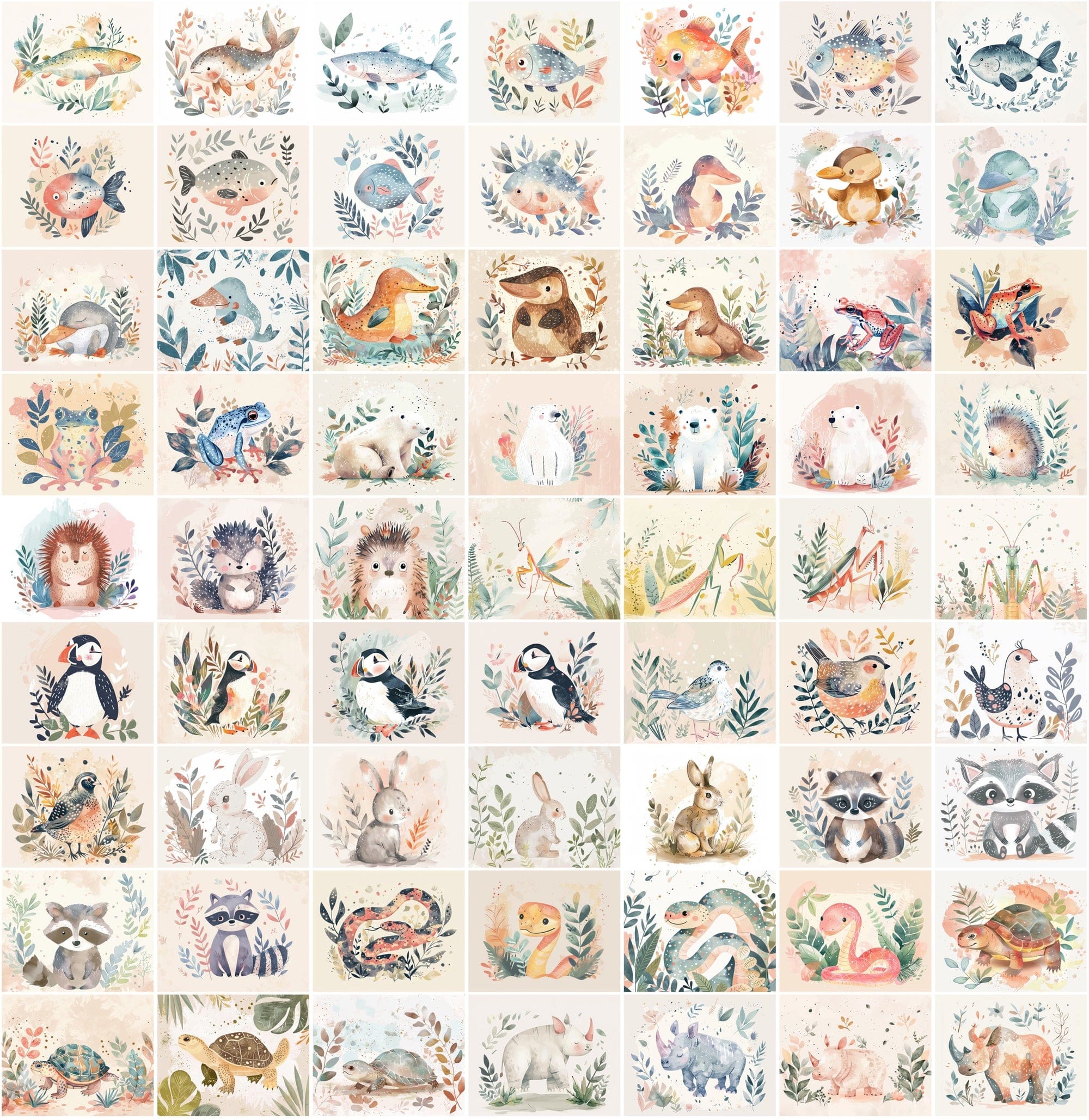 1000 Scandinavian Style Animal Prints - Pastel Colors, Watercolor, Commercial License Digital Download Sumobundle