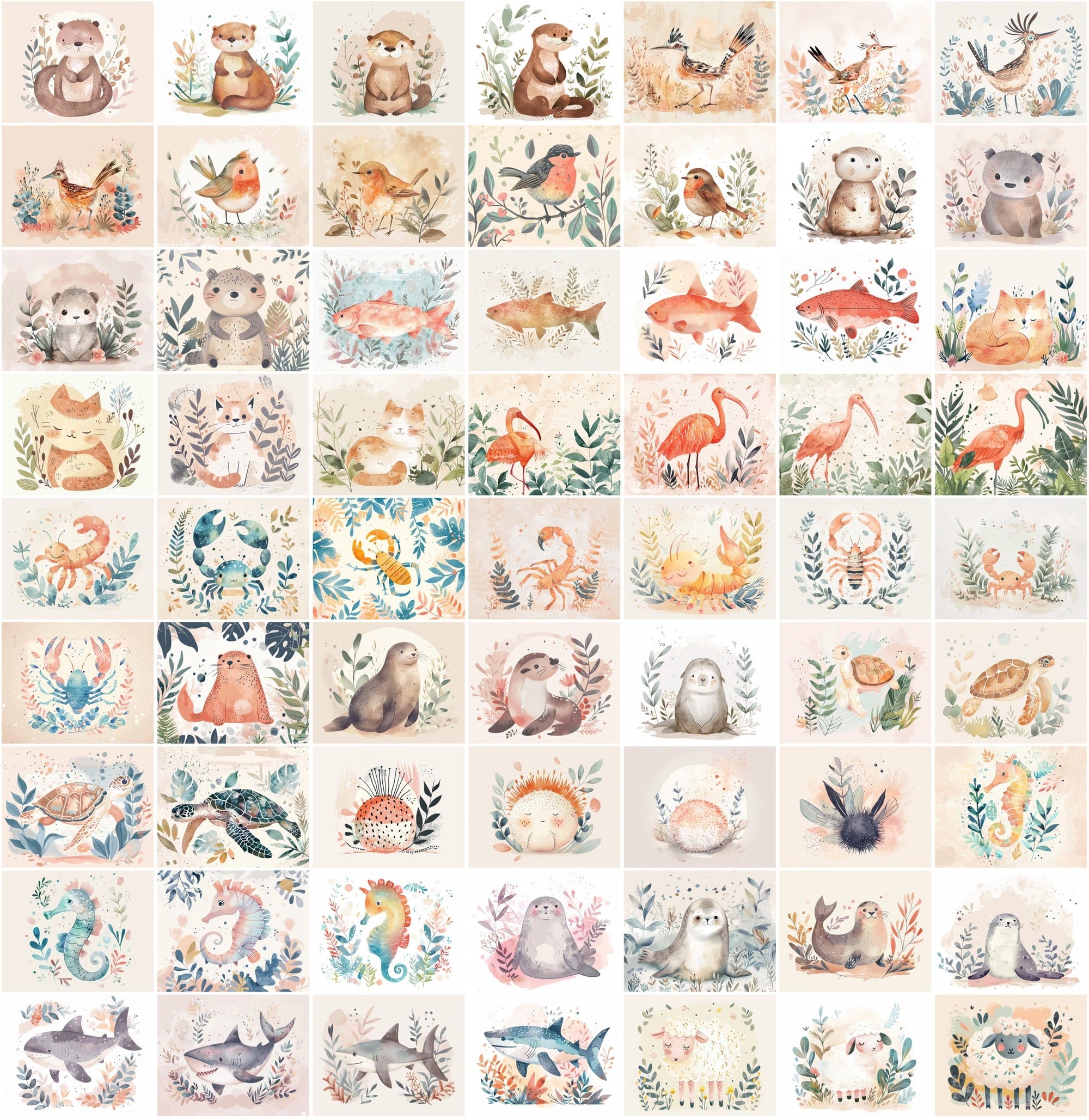 1000 Scandinavian Style Animal Prints - Pastel Colors, Watercolor, Commercial License Digital Download Sumobundle