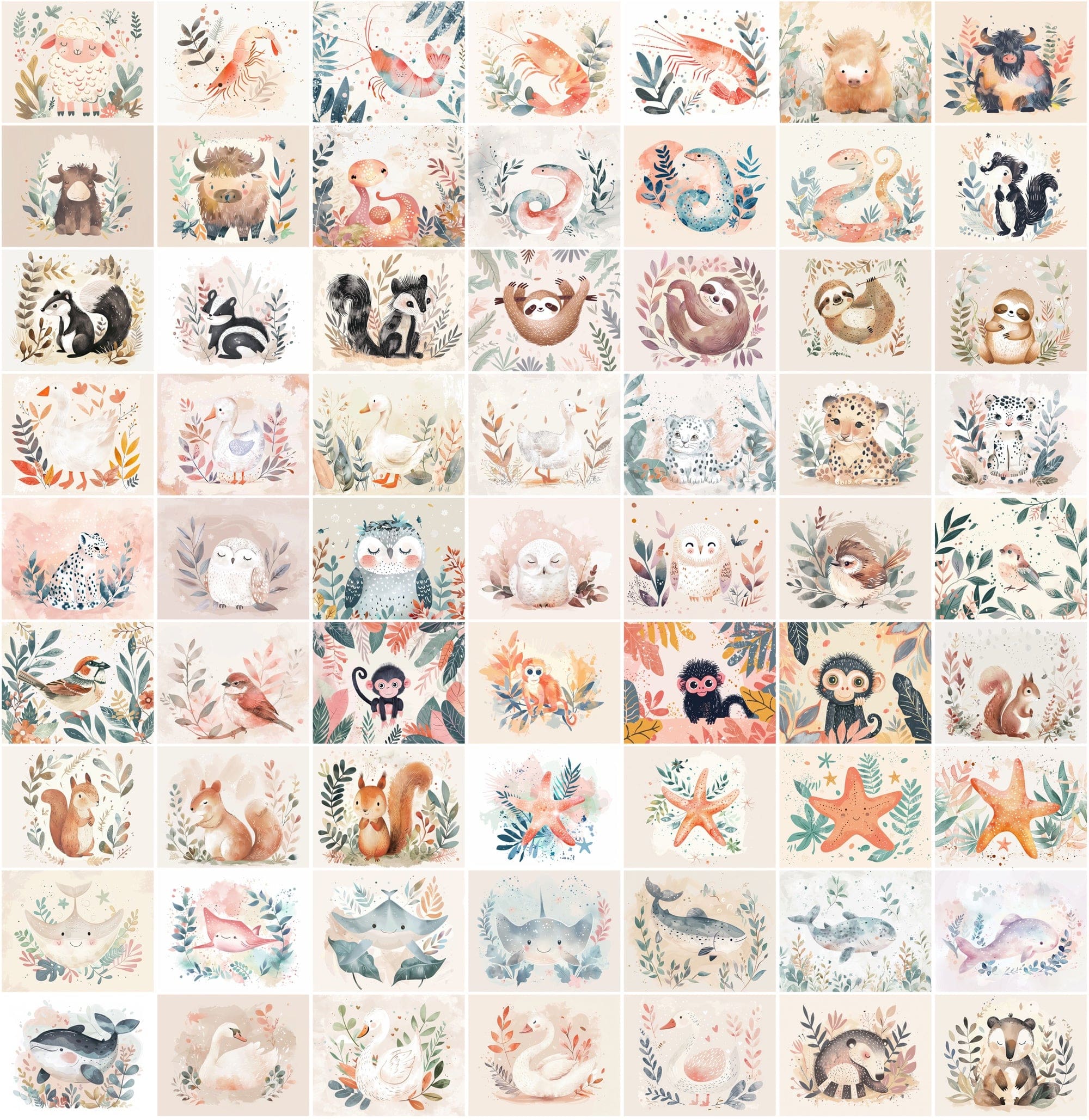 1000 Scandinavian Style Animal Prints - Pastel Colors, Watercolor, Commercial License Digital Download Sumobundle