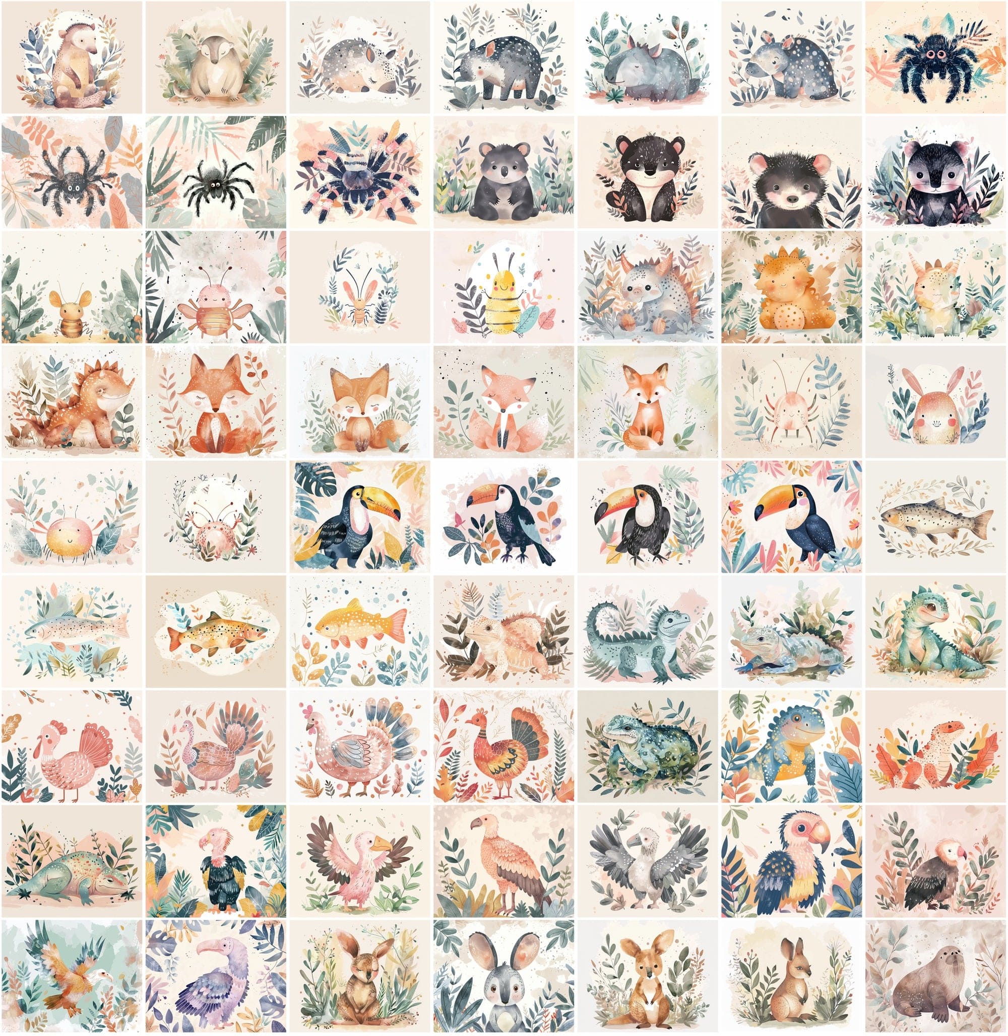 1000 Scandinavian Style Animal Prints - Pastel Colors, Watercolor, Commercial License Digital Download Sumobundle