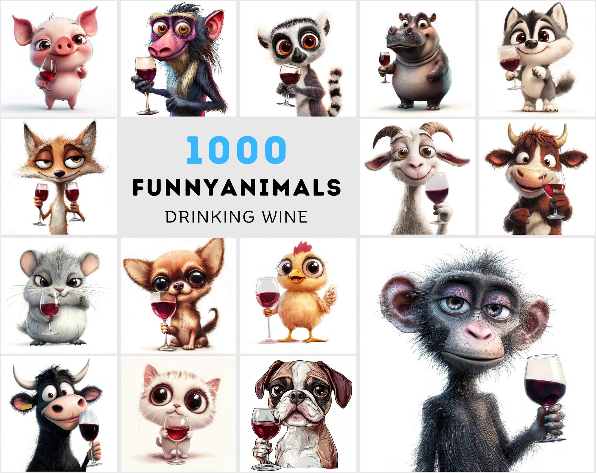 1000 Hilarious Animals with Big Eyes Drinking Wine | Fun & Quirky Digital Art Pack