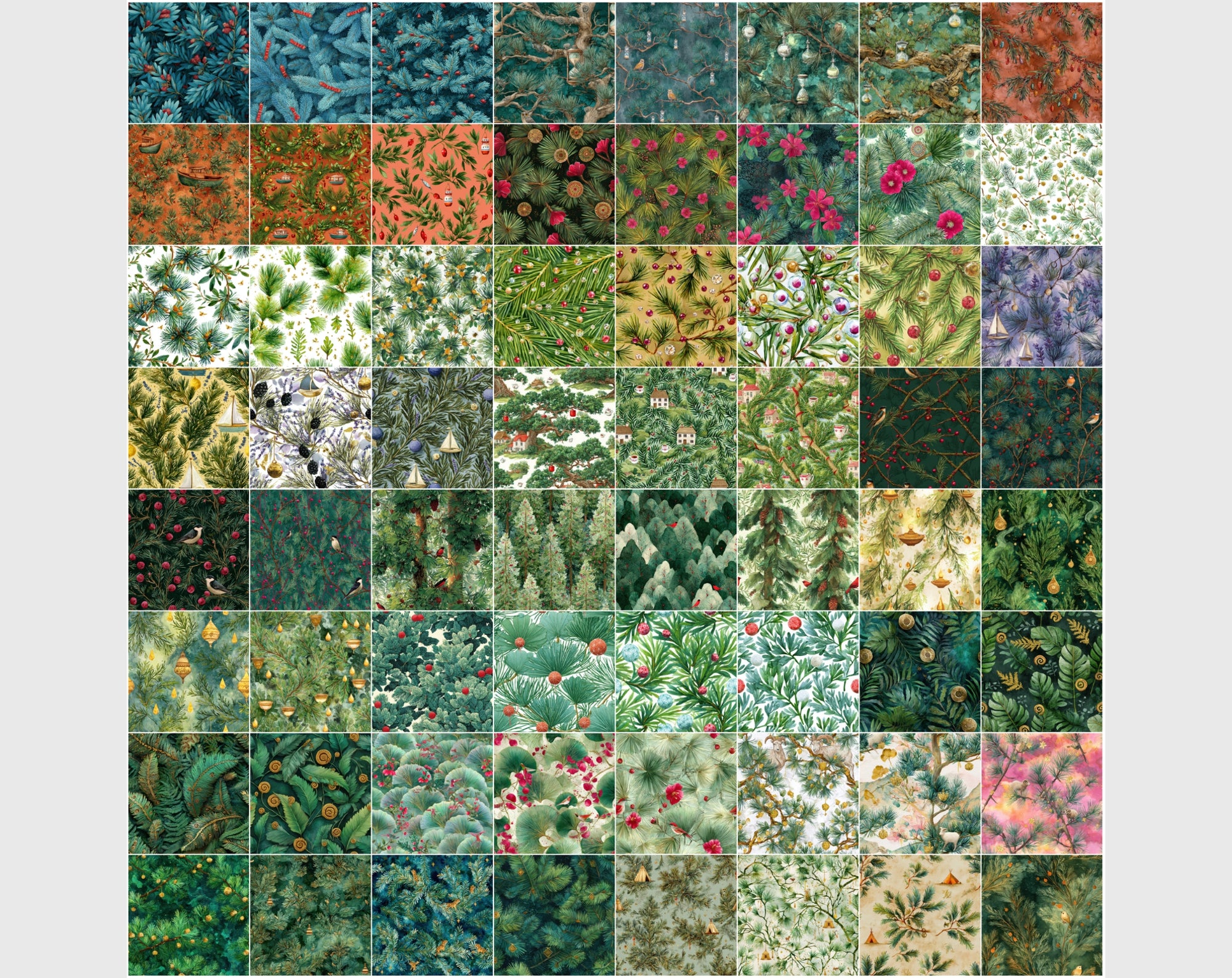 600 Watercolor Greenery Seamless Patterns – Fir, Pine & Holiday Botanical Backgrounds