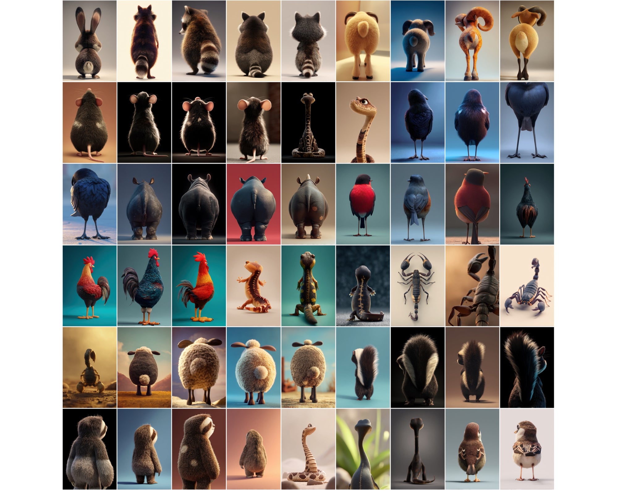 1080 Funny Animal Backs – Unique Rear View Animal Illustrations JPG Bundle