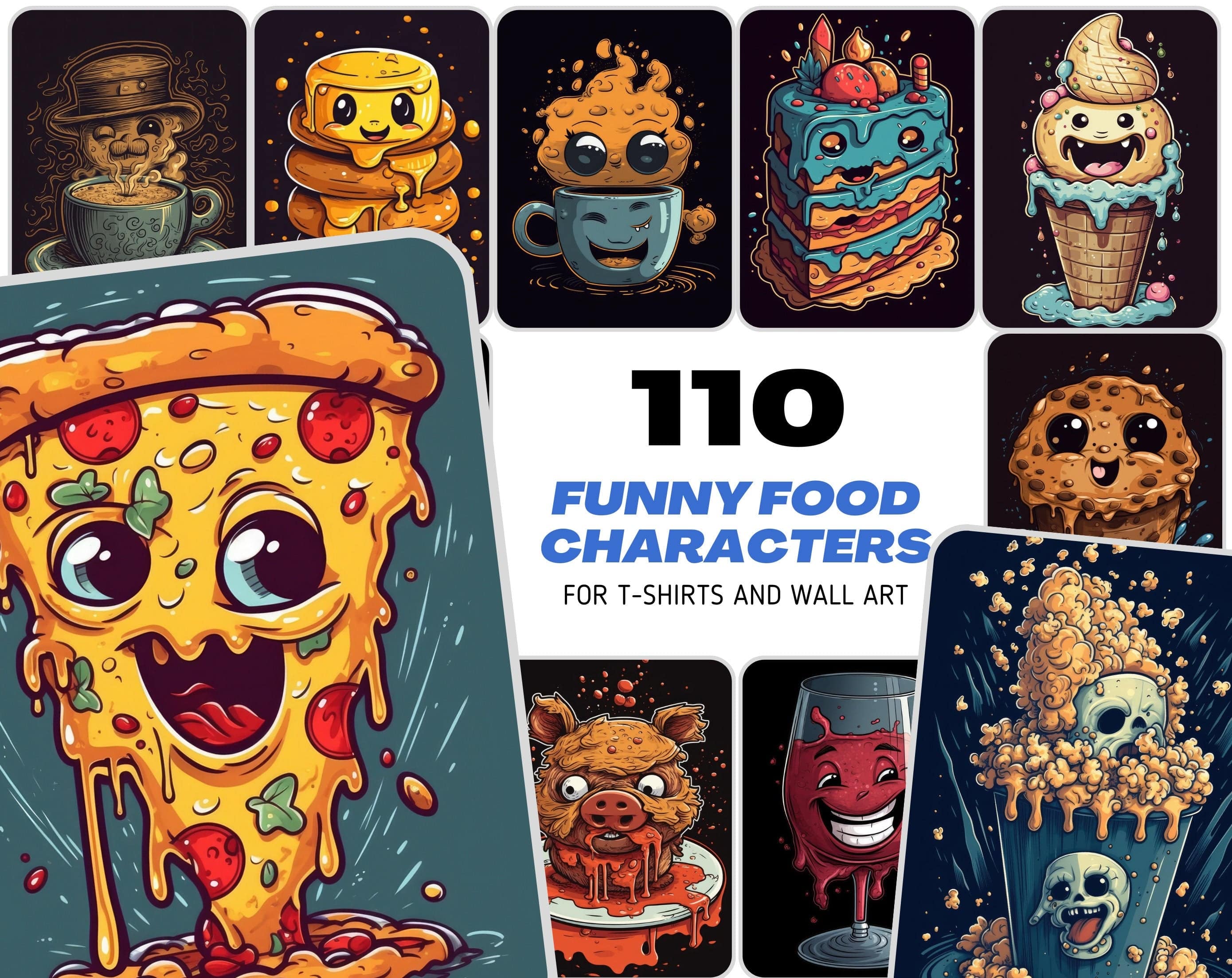 110 Funny Food Characters Bundle: Unique T-Shirt & Wall Art PNG Designs - Pizza, Pasta, and More Digital Download Sumobundle