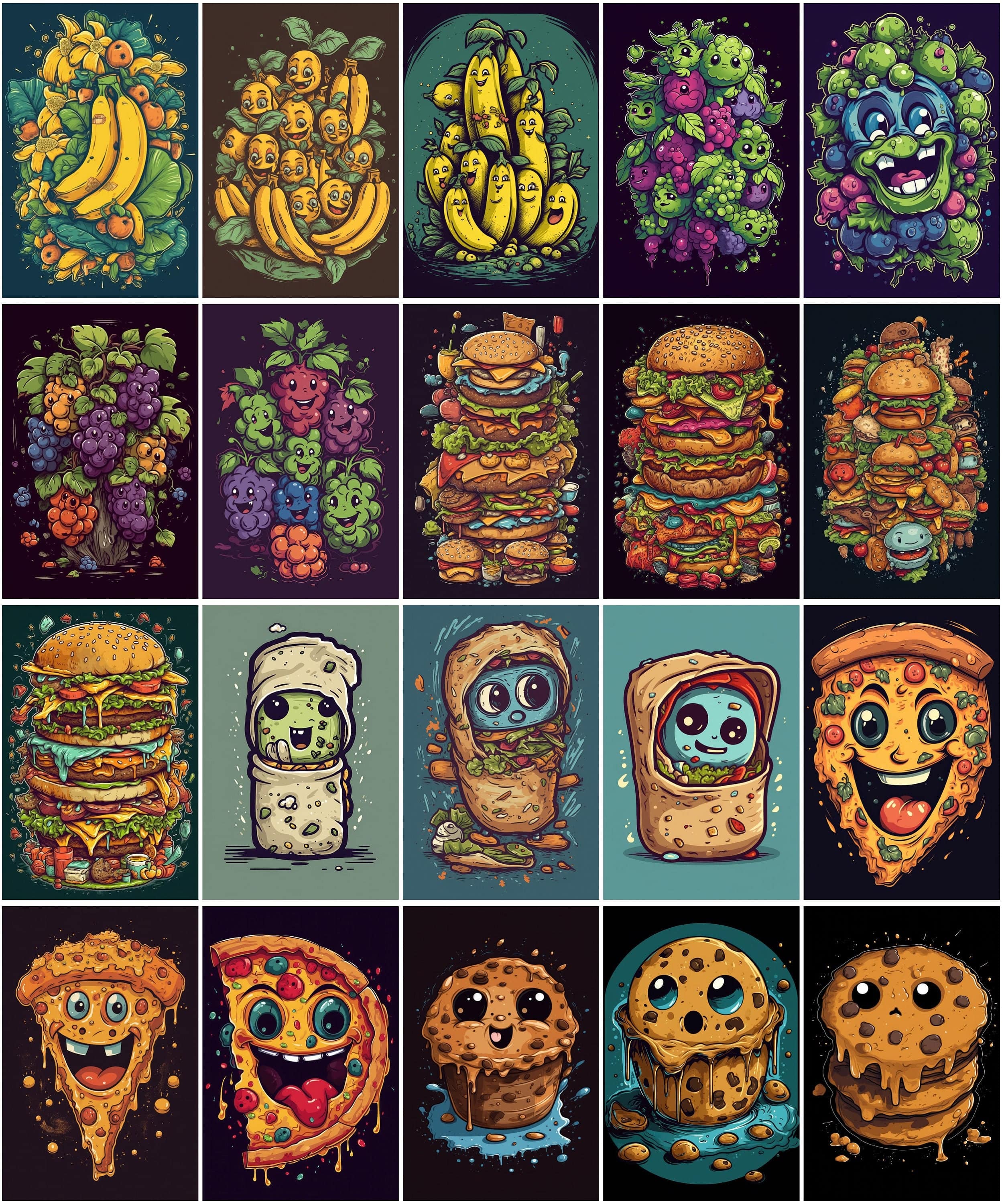110 Funny Food Characters Bundle: Unique T-Shirt & Wall Art PNG Designs - Pizza, Pasta, and More Digital Download Sumobundle