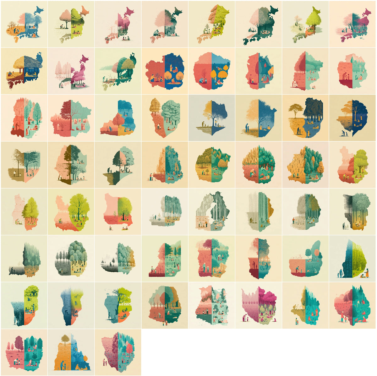 1270 Country Map Silhouette Posters - World Map Wall Art Bundle, Heritage & Harvest Split Designs