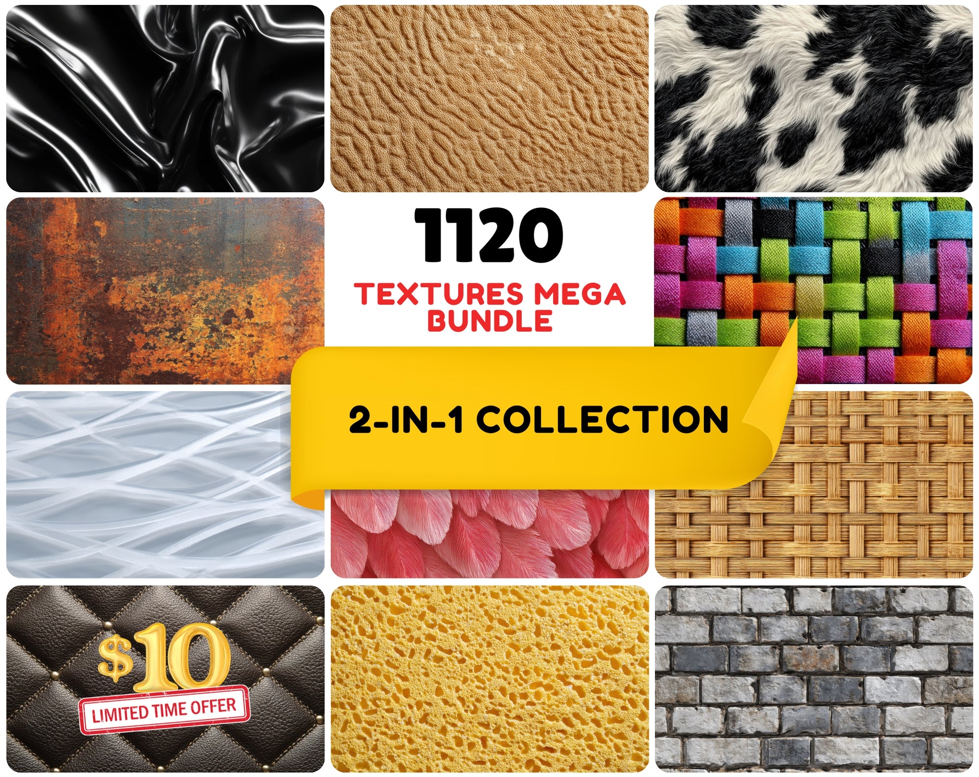 1120 Ultra High-Resolution Textures Mega Bundle – 2-in-1 Collection: Natural, Fabric, Leather, Animal, and Material Patterns