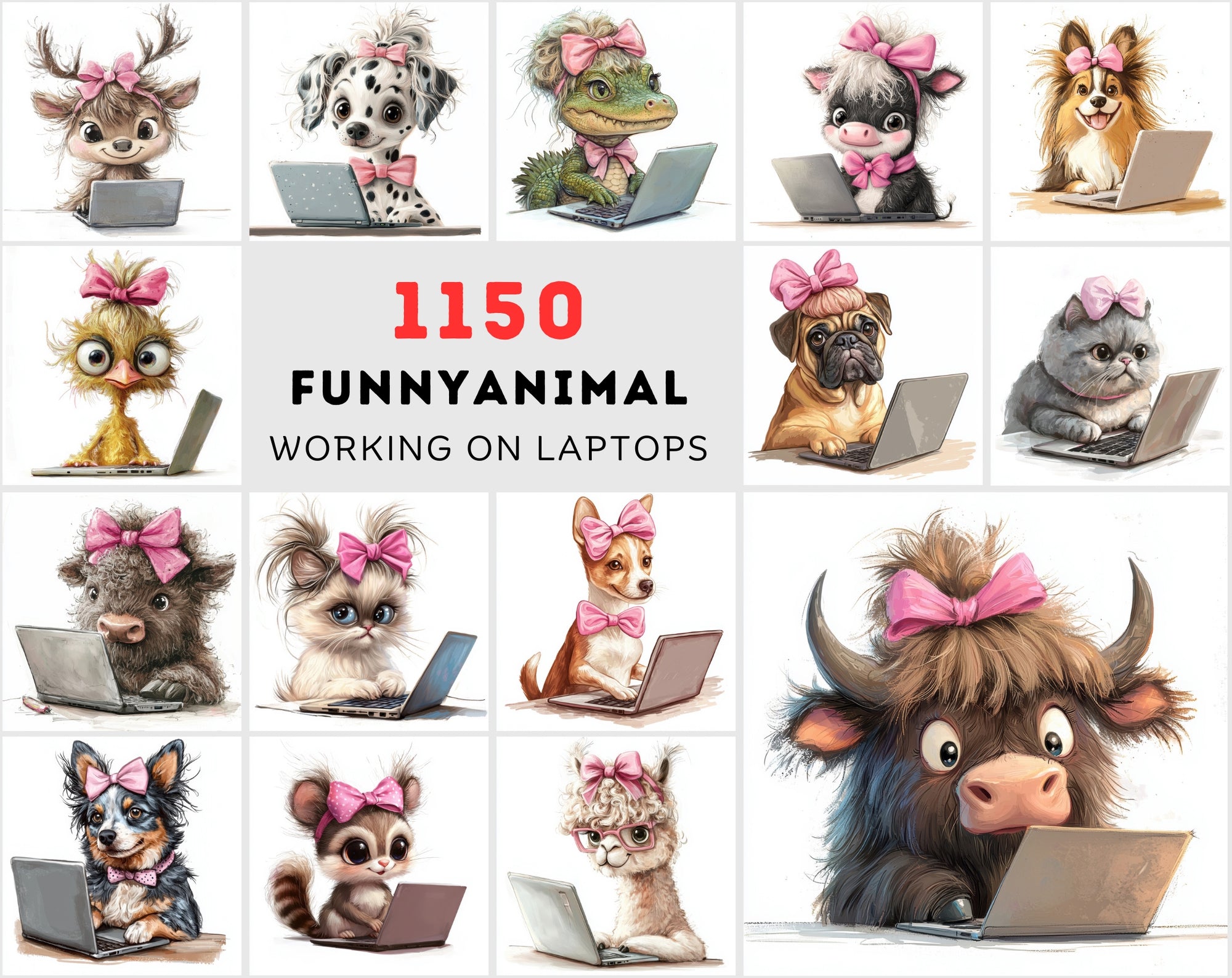 1150 Funny Hairy Animals with Pink Bows Working on Laptops